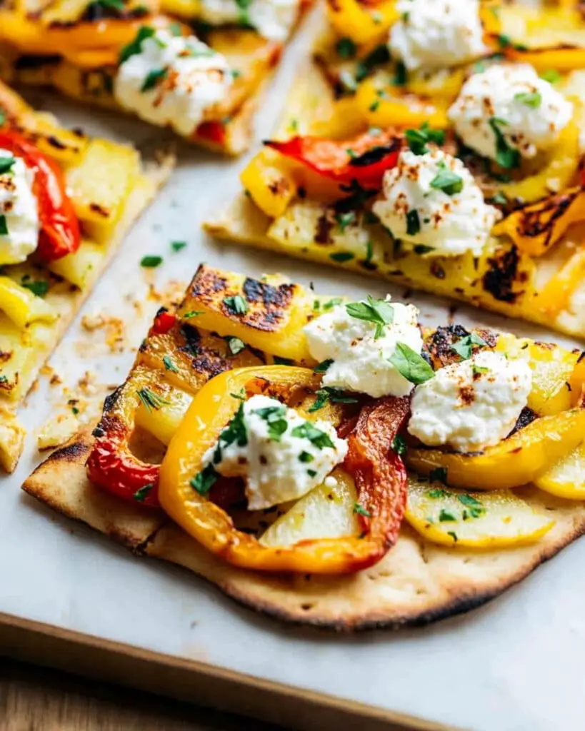 Grilled Pizza with Roasted Sweet Peppers, Nectarines, and Ricotta Recipe