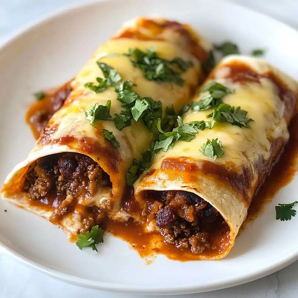 Beef Enchiladas, Beef Enchiladas without recipe, Easy Beef Enchiladas, Homemade Beef Enchiladas, Spicy Beef Enchiladas Two rolled tortillas lay side by side on a white plate with a white marbled texture background. Each tortilla is filled with a dark brown, crumbly meat mixture that spills out slightly at the open ends. The tortillas are covered with a layer of rich, red sauce and topped with melted, light yellow cheese that appears soft and creamy. Small green herb pieces are sprinkled on top of the cheese, adding a fresh pop of color. The edges of the tortillas look slightly crispy and the entire dish has a warm, inviting appearance.