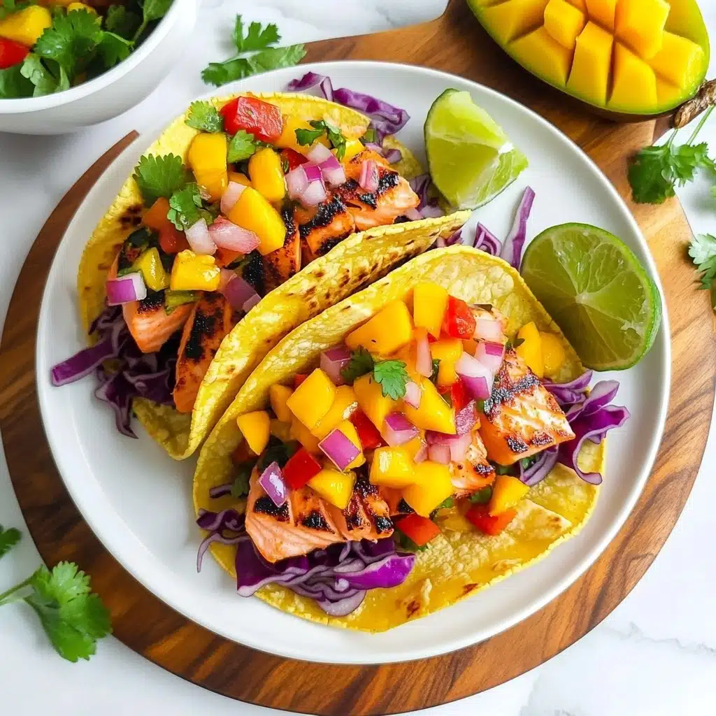 15 Minute Sweet & Spicy Mango Habanero Salsa, mango habanero salsa recipe, quick fruit salsa, spicy mango salsa, easy salsa for parties Three tacos are stacked on a white plate, each taco has three layers: yellow corn tortillas on the outside, then a layer of flaky grilled salmon with crispy edges and a pinkish center, and topped with diced yellow mango salsa mixed with red onions, red bell pepper, and fresh green cilantro. Thin slices of purple cabbage peek out under the salsa, adding a bright color contrast. There are two lime wedges at the top of the plate, and fresh green herbs around the tacos. The plate sits on a wooden board, with extra mango salsa in a white bowl and a sliced mango nearby. The scene is set on a white marbled texture surface.