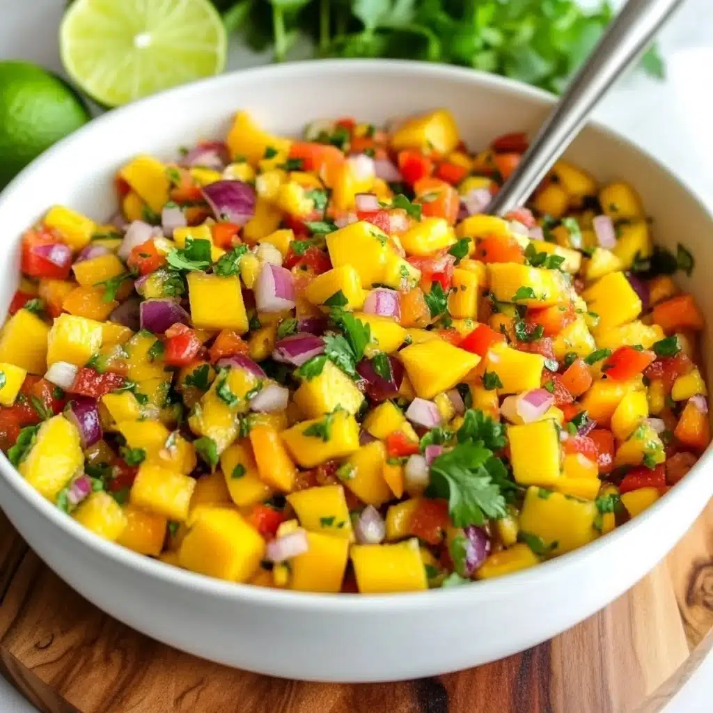 15 Minute Sweet & Spicy Mango Habanero Salsa, mango habanero salsa recipe, quick fruit salsa, spicy mango salsa, easy salsa for parties A white bowl is filled to the top with a colorful chunky salsa, made of small cubes of bright yellow mango, red onion, red bell pepper, and bits of green cilantro, all mixed together evenly in one visible layer. There is a metal spoon resting inside the bowl, and the bowl sits on a wooden board with a white marbled texture background. In the corner, there are two lime halves, one slightly squeezed, and a small glimpse of a yellow mango.
