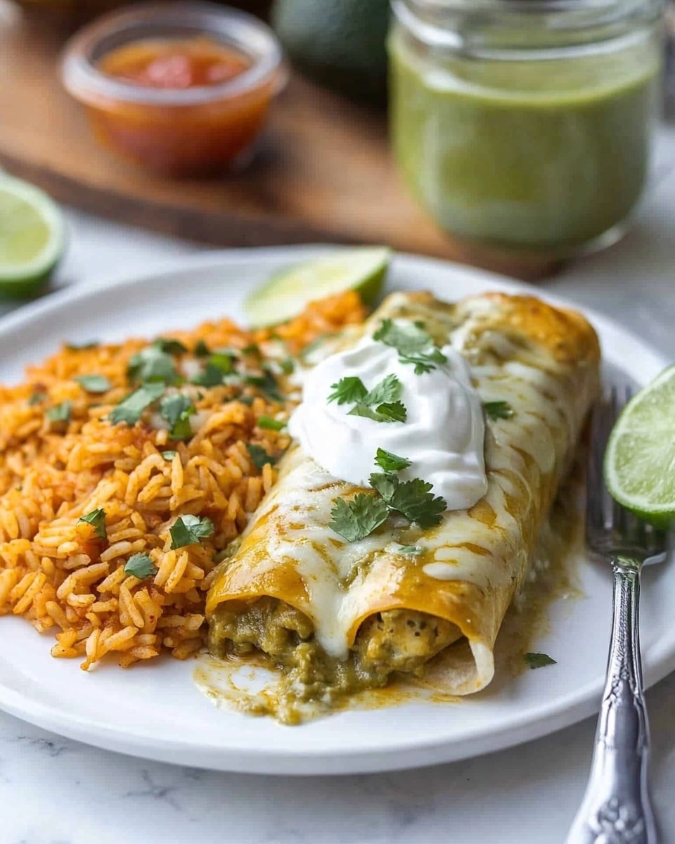 Smothered Green Chile Chicken Burritos, green chile chicken burritos, Mexican chicken burritos, creamy green chile sauce, flavorful burrito recipes A white plate on a white marbled surface holds a rolled enchilada covered in melted cheese and green sauce, topped with a dollop of white sour cream and sprinkled with chopped green onions and cilantro. To the left, a mound of orange Mexican rice with visible small pieces of vegetables sits next to a lime wedge placed on the plate’s edge. A small clear container with red salsa is positioned behind the rice. A silver fork rests on the right side of the plate. In the blurred background, a glass jar of iced tea and a halved avocado on a wooden board are visible.