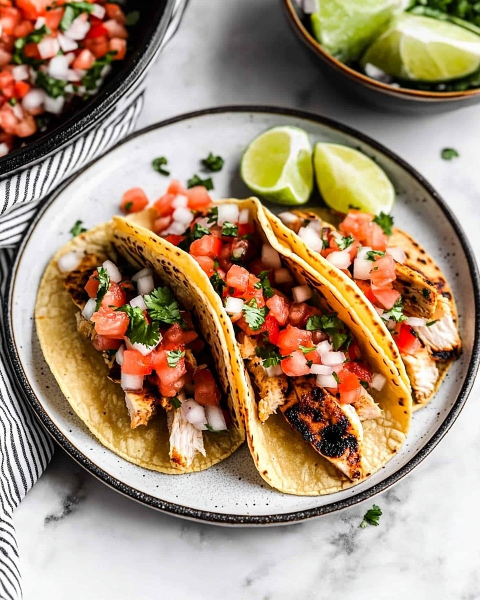 The BEST Grilled Chicken Tacos, grilled chicken tacos recipe, easy chicken taco ideas, smoky chicken tacos, quick taco dinner Three tacos are placed on a round white plate on a white marbled surface. Each taco has two yellow corn tortillas folded with grilled chicken pieces inside, showing light brown to dark charred edges. On top of the chicken is a layer of diced fresh red tomatoes mixed with finely chopped white onions and green herbs, creating a colorful mix of red, white, and green. To the right side of the plate, two lime wedges sit next to the tacos. In the background is a bowl filled with similar diced tomato, onion, and green herb mix. A black and white striped cloth is draped partially next to the plate.