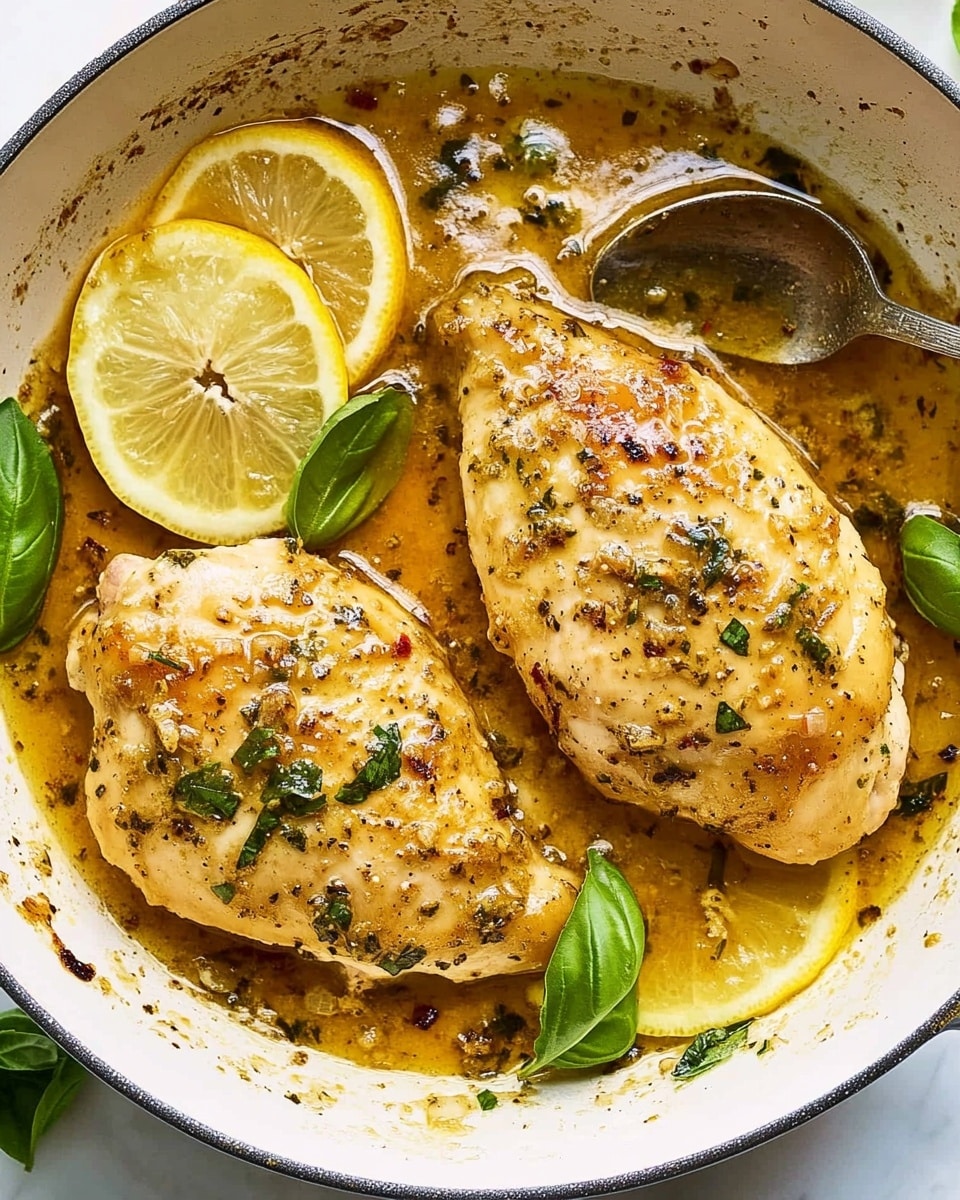 One-Pan Lemon Basil Chicken, lemon basil chicken, easy chicken dinner, quick weeknight chicken, healthy chicken recipes The image shows two cooked chicken pieces with a golden brown color in a white pan. The chicken is covered with a shiny yellow sauce mixed with small herbs and bits of garlic. Around the chicken, there are thin slices of lemon, some overlapping and all bright yellow with a glossy texture. Fresh green basil leaves are scattered on and around the chicken pieces. A silver spoon rests in the pan, partially dipped in the sauce. The background is a white marbled surface.