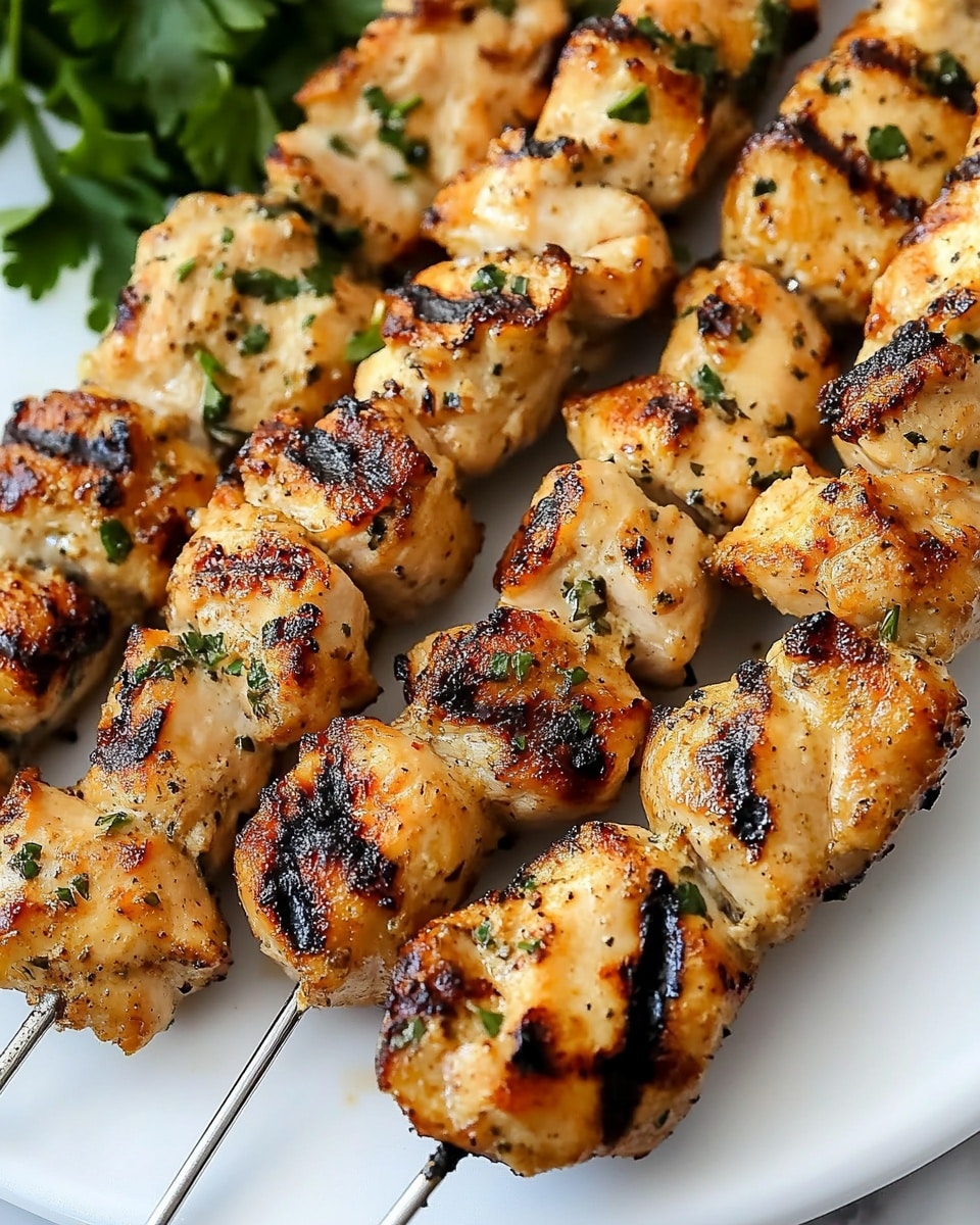 Garlic Parmesan Chicken Kebabs, chicken kebabs with Parmesan and garlic, easy grilled chicken skewers, quick chicken kebabs recipe, flavorful chicken skewers The image shows five skewers of grilled chicken placed side by side on a large white plate with a clean, white marbled surface underneath. Each skewer has several pieces of chicken that are golden brown with char marks, showing a slightly crispy texture. The chicken pieces are coated with green herbs scattered across them, adding a fresh appearance. The top left corner hints at a blurred woman's hand holding greens in the background. The overall look is warm and appetizing, highlighting the texture and color contrast between the grilled chicken and the white plate.