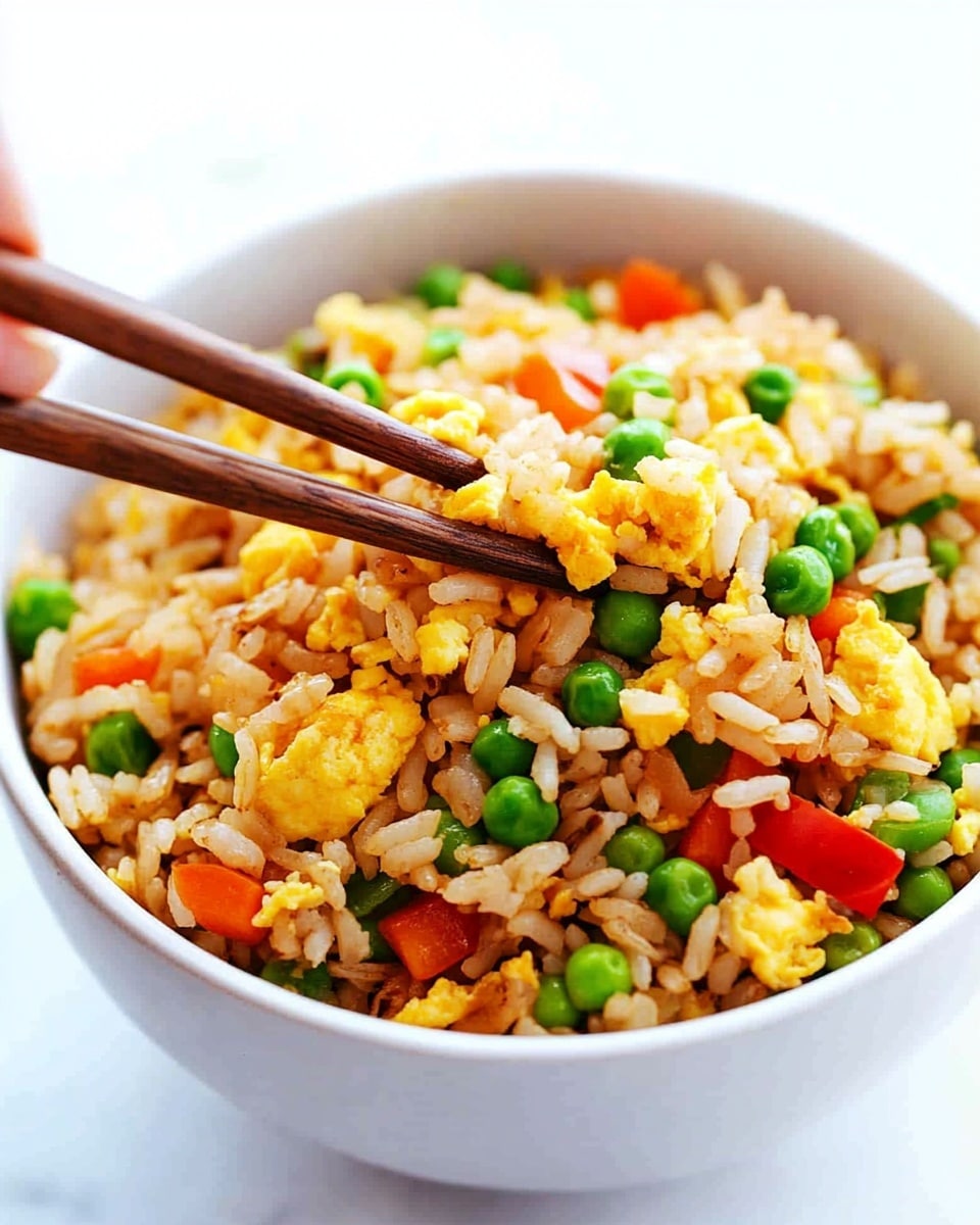 Egg Fried Rice, Easy Egg Fried Rice, Quick Fried Rice Recipe, Simple Egg Fried Rice, How to Make Egg Fried Rice A round silver pan filled with fried rice that shows a mix of yellow scrambled eggs, orange diced carrots, green peas, and chopped green onions scattered on top. The rice grains have a light brown color from the soy sauce and are mixed evenly with the vegetables and eggs. The pan sits on a white marbled surface with its silver handle partly visible.