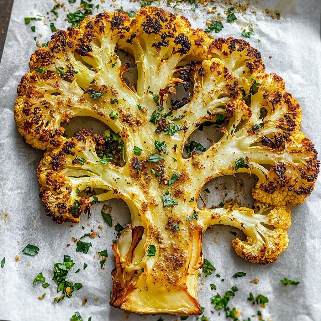 Cauliflower Steak, Roasted Cauliflower Steak, Grilled Cauliflower Steak, Vegetarian Main Dish, Healthy Side Dish There are four thick slices of roasted cauliflower steaks arranged on a baking tray lined with white parchment paper. Each cauliflower steak has a golden brown and slightly crispy top layer with specks of dark roasted edges, and the inside layers show creamy white cauliflower florets. Green chopped herbs are sprinkled evenly over all four pieces, adding a fresh touch on top. The tray sits on a white marbled texture.