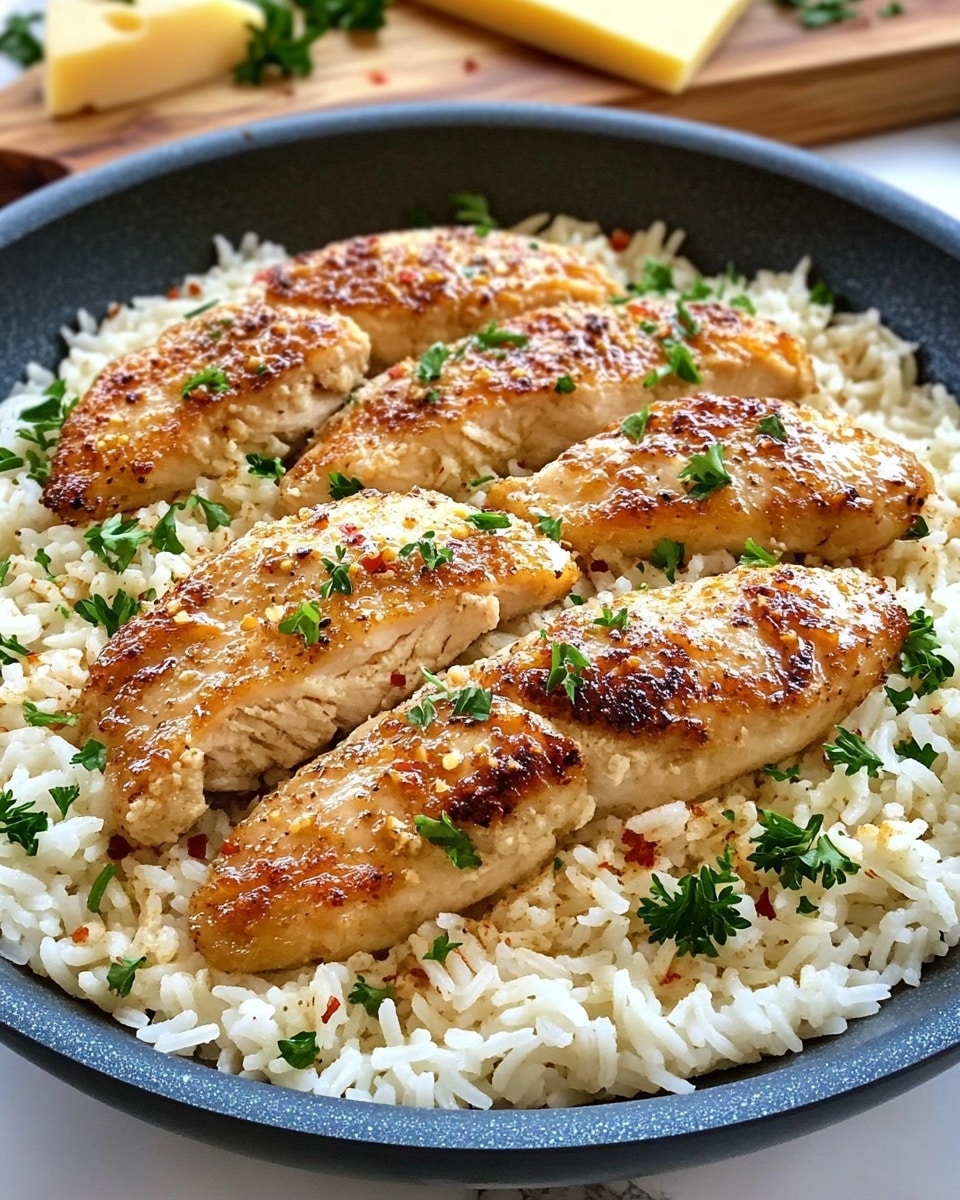 Garlic Parmesan Chicken Scampi, Chicken Scampi, Garlic Parmesan Chicken, Easy Chicken Recipes, Italian Chicken Dinner A gray pan filled with a layer of creamy white risotto sprinkled with finely chopped green parsley and small red flakes, topped by six curved pieces of golden brown cooked chicken evenly placed across the dish; in the background, a wooden board with a wedge of pale yellow cheese and more chopped green parsley is visible, all set on a white marbled surface.