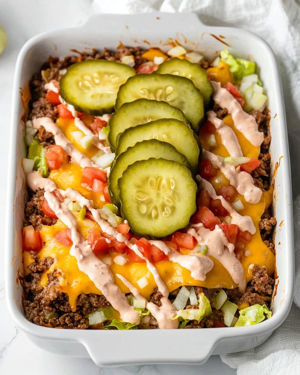 Big Mac Casserole, cheeseburger casserole recipe, easy burger casserole, quick dinner ideas, family-friendly casserole The image shows a white square baking dish filled with layered food. The bottom layer is cooked ground beef mixed with melted yellow cheese that is gooey and bubbly around the edges. Drizzled on top are light orange sauce patches. In the center, there is a pile of shredded light green lettuce topped with chopped red tomatoes and small white onion pieces. On top of the lettuce and tomatoes, there are several green pickle slices with ridges, arranged evenly. The dish sits on a white marbled surface with a white cloth partially underneath the dish, and a small bowl of additional shredded lettuce is visible to the side.