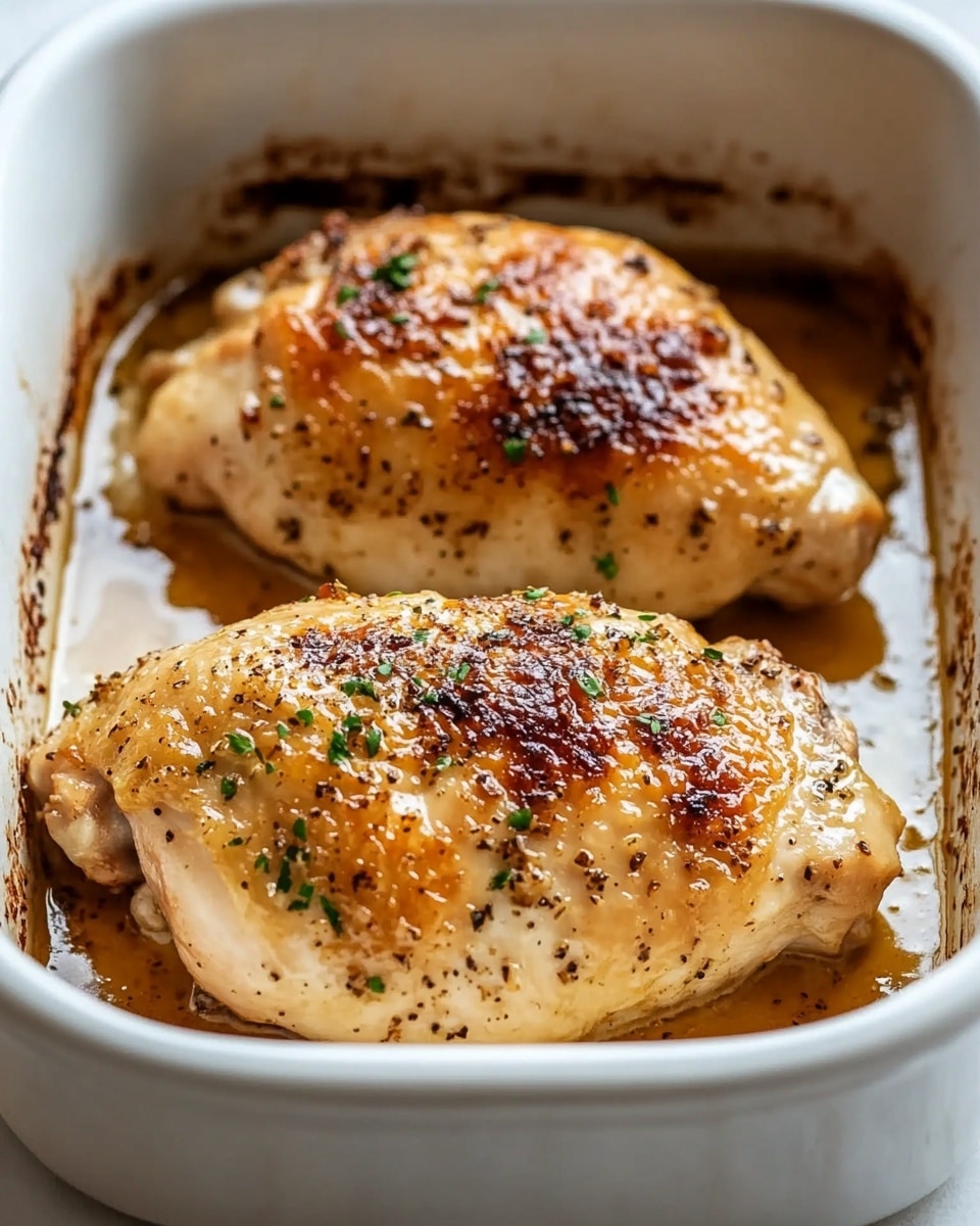 Melt In Your Mouth Chicken Breast, tender chicken breast recipe, cheesy baked chicken, easy chicken dinner, juicy chicken breast The image shows two cooked chicken pieces in a white baking dish, with golden brown, slightly crispy tops and a few small green herb sprinkles on them. The chicken pieces are sitting in a shallow pool of rich, brownish cooking juices, with some darker browned spots around the edges of the dish. The texture on the chicken looks tender and slightly oily with a nice roasted crust. The scene is set on a white marbled surface.