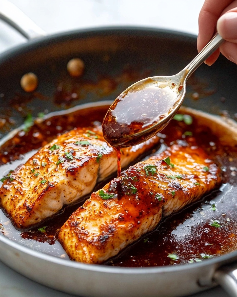 Honey Garlic Soy Glazed Salmon, honey garlic soy salmon, easy salmon recipes, healthy salmon dinner, quick seafood recipes The image shows two golden-brown cooked fish fillets in a metal pan, each covered with a shiny, dark reddish-brown sauce that is being spooned over one fillet by a woman's hand holding a silver spoon. The fish surface looks slightly crispy with small green herb sprinkles on top. The pan has a well-used brownish and slightly oily texture around the edges, and a rich layer of sauce pools at the bottom, reflecting light. The close-up view focuses on the top fillet with a soft white marbled background slightly blurred.