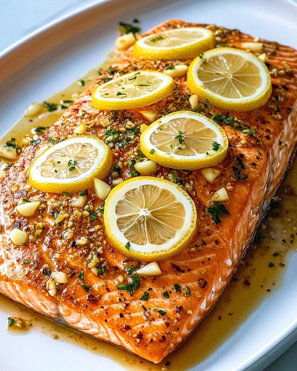 Baked Salmon with Lemon Herb Cream Sauce and Roasted Potatoes and Broccoli, healthy baked salmon dinner, quick salmon recipes, easy one-pan salmon meal, lemon herb salmon A large piece of cooked salmon sits on a white plate, topped with six thin lemon slices arranged in a single layer along the top. The salmon is orange with a slightly crispy texture and is sprinkled with small pieces of garlic and chopped green herbs. Around the edges of the salmon and plate are small pieces of lemon wedges. The plate rests on a white marbled surface.
