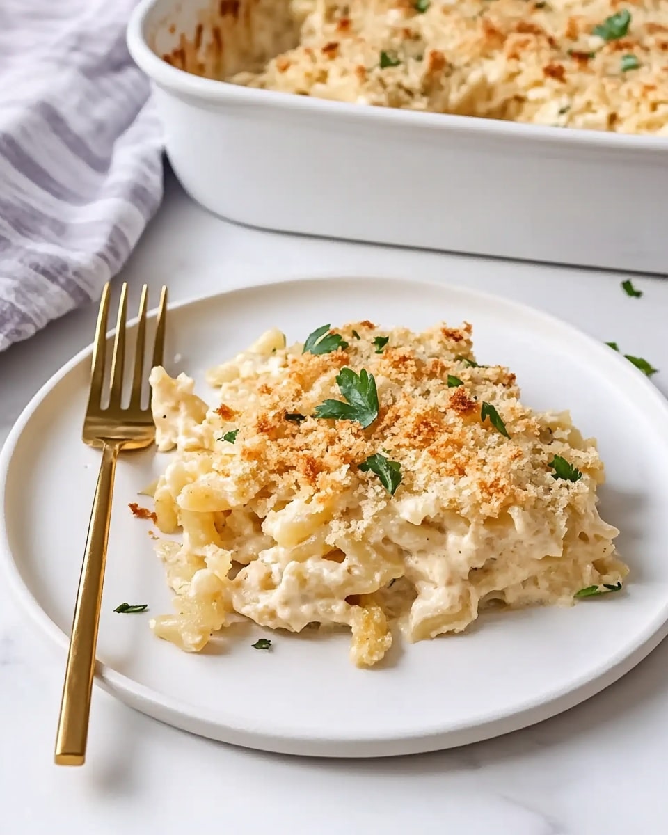 A white round plate with a serving of layered casserole featuring creamy, pale beige pasta mixed with small pieces of golden-brown crumbs and garnished with scattered chopped green herbs on top. A gold fork rests on the left side of the plate. In the background, there is a white casserole dish filled with the same creamy casserole, with some golden crumbs visible on the surface. The dishes are placed on a white marbled surface with a light-colored cloth with purple stripes partially under the casserole dish. The lighting is soft, emphasizing the creamy texture and fresh herb garnish. photo taken with an iphone --ar 4:5 --v 6.1