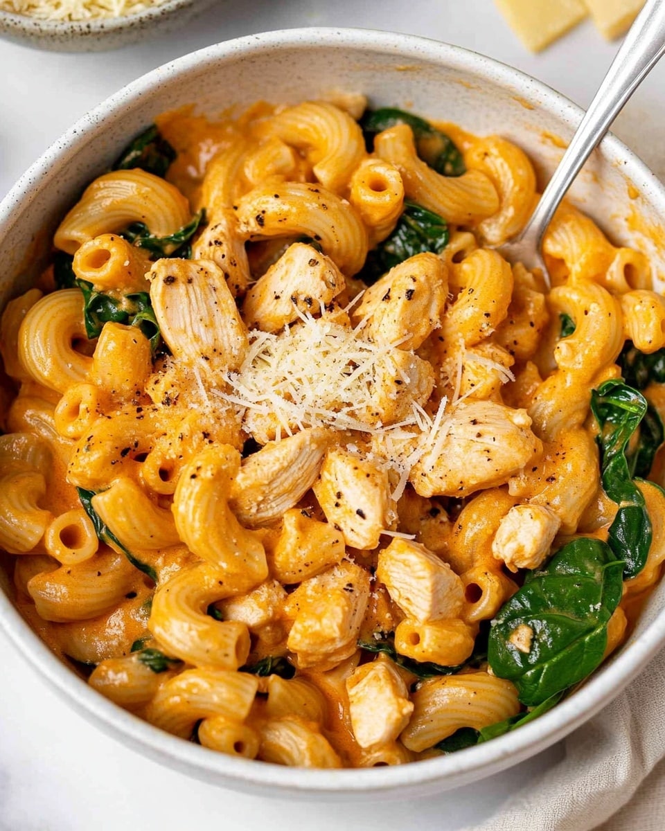 This close-up image shows a creamy pasta dish with three main layers: orange cheesy sauce coating short curved pasta pieces, bright green spinach leaves mixed in, and light-colored cooked chicken chunks spread evenly. The pasta and chicken have black pepper specks on top, and there is a generous sprinkle of white grated cheese on one side. A silver spoon is partially dipped into the pasta, revealing more sauce and texture. The whole dish rests in a white bowl on a white marbled surface. Photo taken with an iphone --ar 4:5 --v 6.1