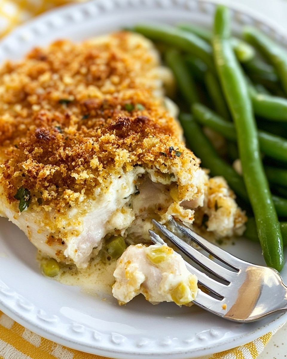 A close-up view of a white plate holding two main parts: on the left is a thick piece of baked chicken covered with a golden-brown crumb layer that looks crunchy and seasoned with herbs, topped with creamy sauce slightly melting into the crust, and on the right there is a loose pile of bright green cooked green beans with a shiny texture. A silver fork holds a piece of the chicken with crumbs showing the creamy inside, resting against the green beans. The plate sits on a yellow and white checkered cloth over a white marbled surface. Photo taken with an iphone --ar 4:5 --v 6.1