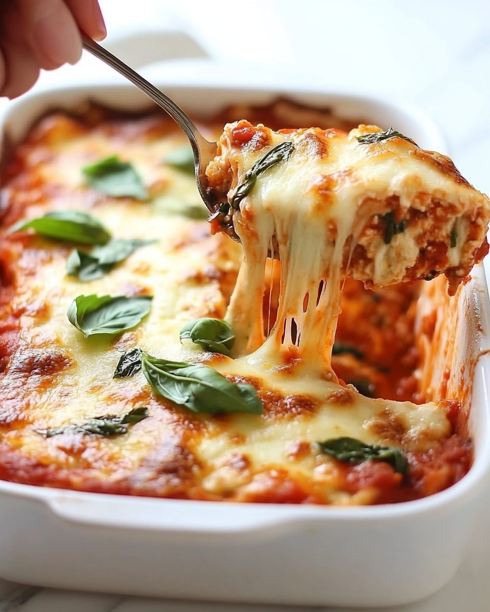 The image shows a close-up of a baked pasta dish with multiple layers. The bottom layer has a red tomato sauce with some pasta shapes covered partly with white and green spinach mixed cheese. Above that is a creamy white sauce mixed with spinach and cheese filling, visible through slightly curled pasta. The top layer is thick, melted yellowish cheese with some browned spots and small green herb bits sprinkled over it. The dish is shown in a white baking dish on a white marbled surface, with a woman's hand holding a spatula scooping some pasta from the bottom left corner. Photo taken with an iphone --ar 4:5 --v 6.1