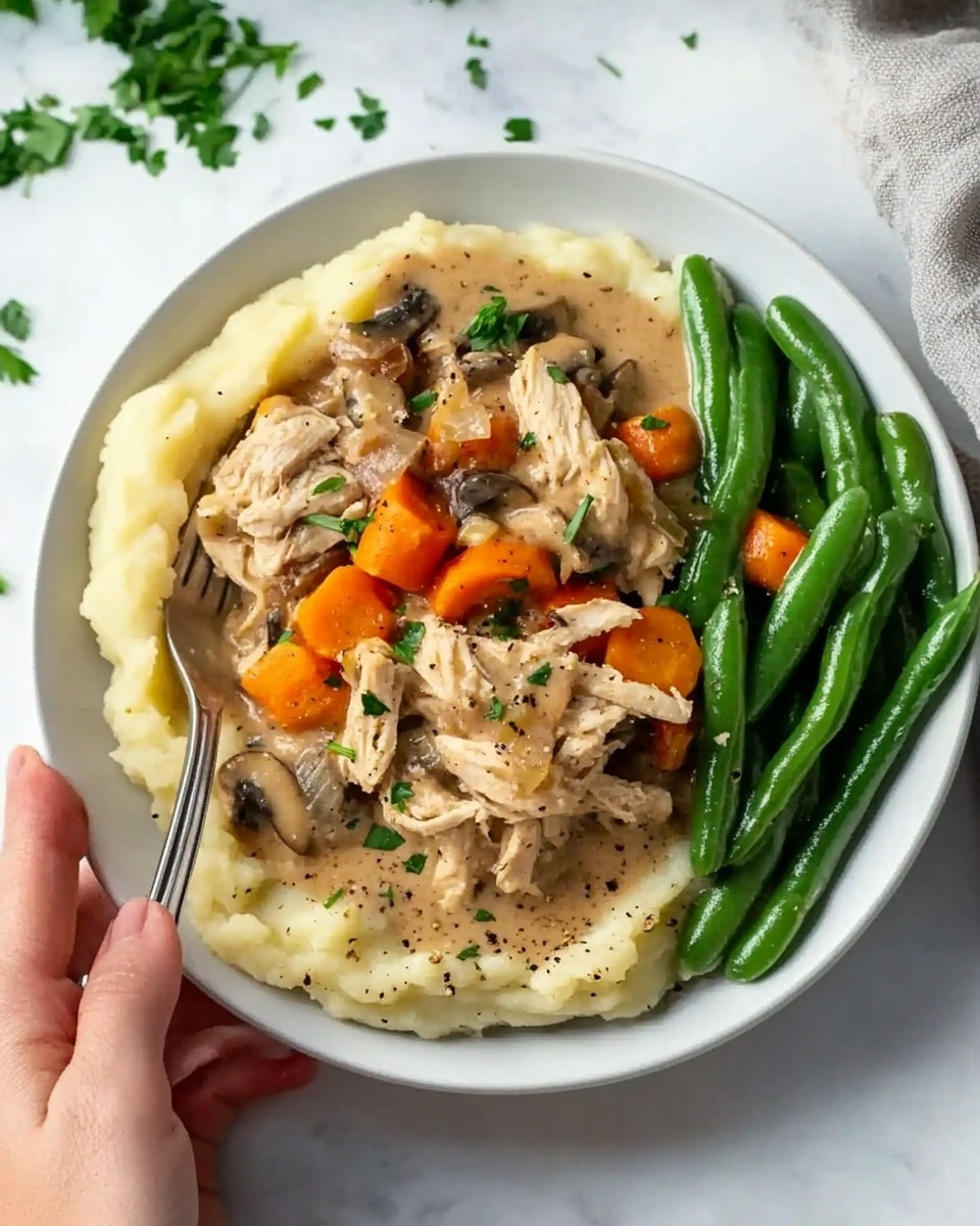 A white bowl filled with creamy chicken stew, showing three layers of ingredients: the base layer is light beige creamy sauce with small black pepper specks, the middle layer contains bright orange baby carrots and green celery pieces, and the top layer has shredded chicken chunks in pale beige mixed with small dark brown mushroom slices, all sprinkled evenly with fresh chopped green parsley. A silver spoon rests inside the bowl on the white marble surface. photo taken with an iphone --ar 4:5 --v 6.1