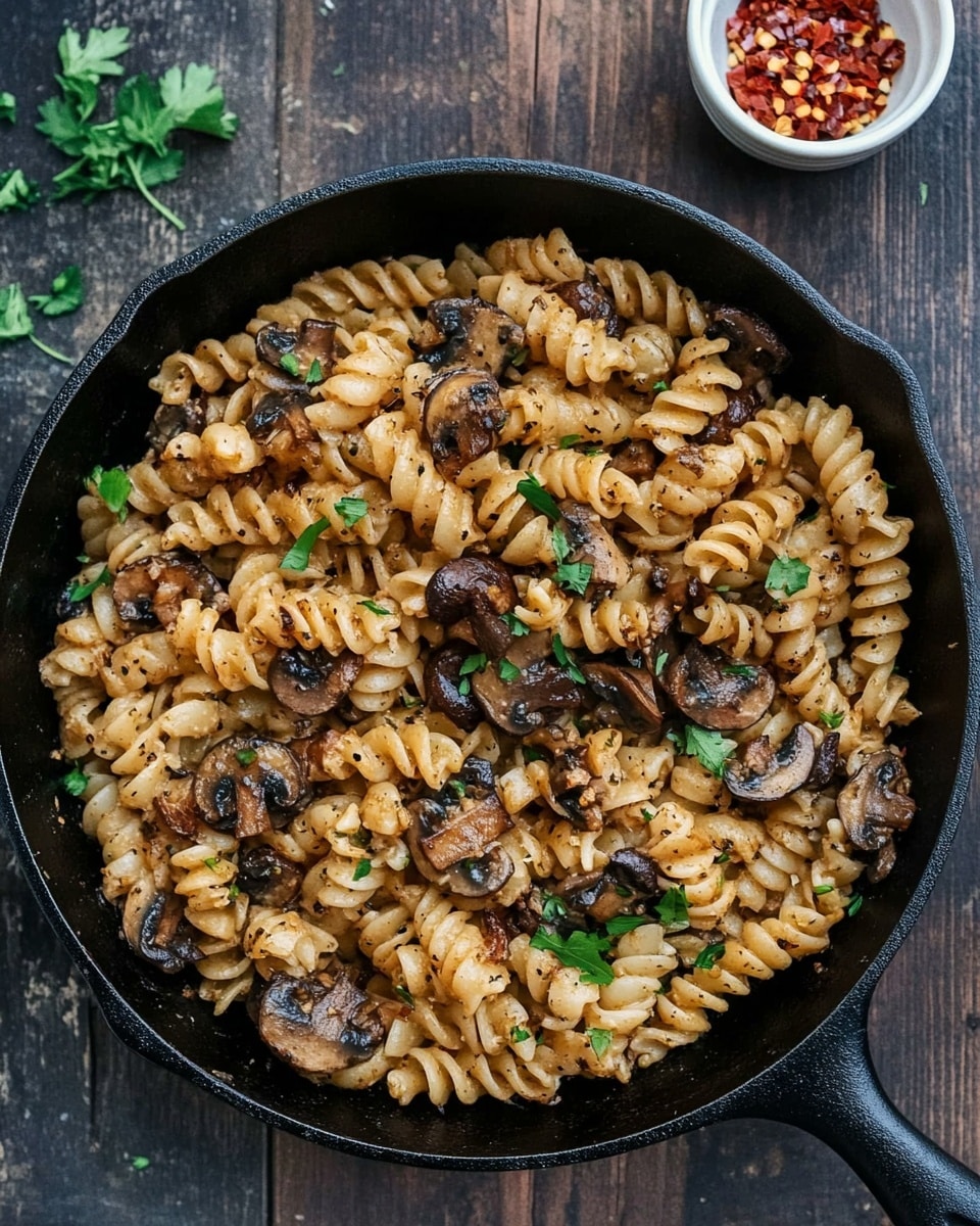 A black cast iron pan filled with a cooked pasta dish showing two layers: the main layer is pasta with a light brown color, mixed with small slices of browned mushrooms and sprinkled with finely chopped green herbs. The pasta has a slightly ruffled texture and is evenly distributed throughout the pan. In the top right corner, there is a small white bowl filled with red chili flakes, sitting on a dark wooden surface with some scattered green herb pieces around. The overall setting is on a rustic, dark wood background. photo taken with an iphone --ar 4:5 --v 6.1