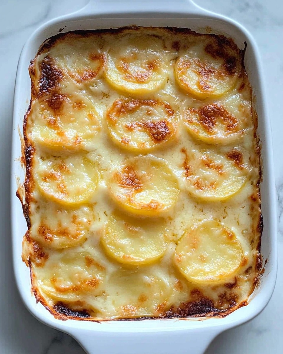 The image shows a white rectangular baking dish filled with a single layer of scalloped potatoes. The potatoes are thinly sliced and covered with melted cheese that is golden brown on top, with some browned spots around the edges. The cheese layer is unevenly spread, letting the yellow-white potato slices peek through. The edges of the dish have slightly crispy, darker browned spots where the cheese and sauce bubbled and baked. The dish is placed on a white marbled surface, creating a clean and simple background. photo taken with an iphone --ar 4:5 --v 6.1