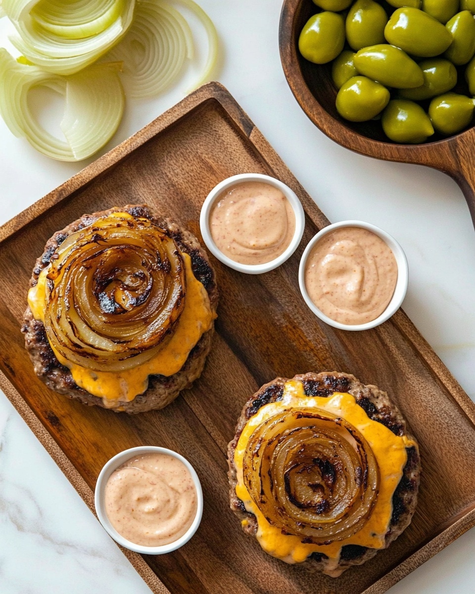 Two wooden trays each hold a burger patty topped with melted orange cheese and a large caramelized onion slice that is golden brown with visible grill marks, sitting on top of the patty in the center of the tray. Next to each patty is a small white bowl filled with a creamy light pink sauce. Around the bowls are clusters of bright green pepperoncini peppers. Above the trays on a white marbled surface, there is a wooden cutting board with neatly arranged light yellow onion slices in a row, and a brown bowl filled with more green pepperoncini peppers. The overall setting is clean and simple with a white marbled background. photo taken with an iphone --ar 4:5 --v 6.1