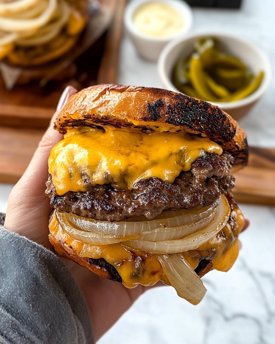 A close-up view of a two-layer sandwich held by a woman's hand wearing a grey sleeve. The bottom layer is a thick grilled onion slice with brown char marks, topped by a dark grilled beef patty covered in melted yellow cheese that drips slightly over the sides. On top of the patty is another grilled onion slice with clear char rings. In the blurred background, there is a wooden tray holding another sandwich like this, a small white bowl of orange sauce, a brown bowl of green pickled peppers, and white onion slices on a white marbled surface. Photo taken with an iphone --ar 4:5 --v 6.1