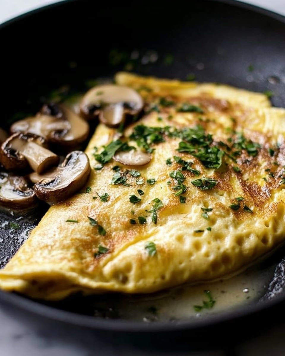 A golden-yellow omelette folded in half inside a dark pan, with visible soft mushrooms peeking out from the open edge. The omelette s surface is slightly bubbly and smooth, topped with small chopped green herbs scattered evenly. Around the omelette in the pan, melted butter pools gently with a slight shine and small bubbles. The pan has a matte black texture creating contrast with the warm colors of the omelette. The background is a white marbled surface. photo taken with an iphone --ar 4:5 --v 6.1