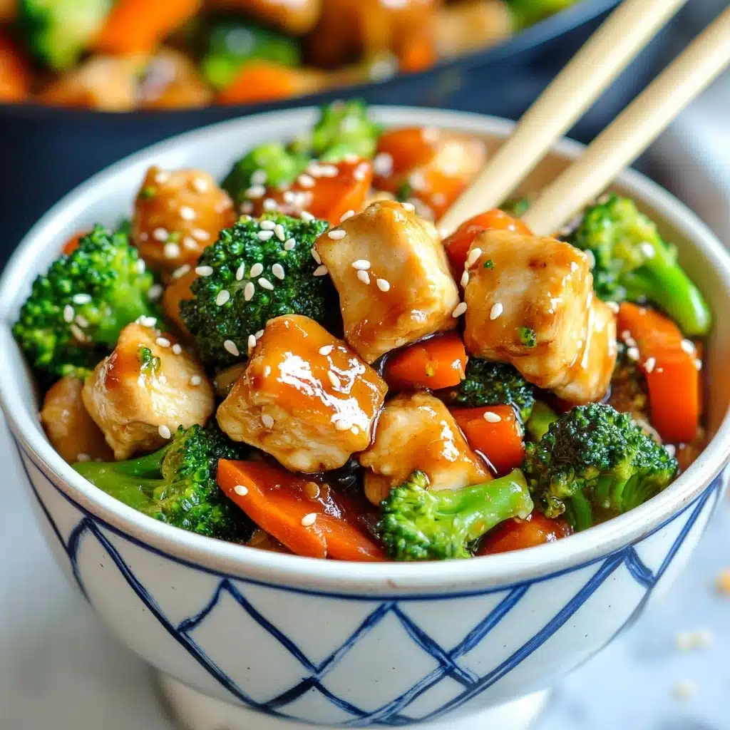 Chicken Stir Fry, easy chicken stir fry recipe, quick weeknight dinner, healthy chicken stir fry, vegetable stir fry A white pan filled with a stir-fry dish showing three main layers: the bottom layer with a light brown sauce coating, the middle layer with cooked bite-sized pieces of light golden brown chicken, and the top layer with bright green broccoli florets and chunks of red and yellow bell peppers mixed evenly. A wooden spoon with a yellowish handle is scooping some of the mix, positioned in the center, lifting the ingredients. Two pairs of light-colored chopsticks rest on the right side of the pan on a white marbled surface. In the background, blurred food packaging and a red and white can are visible.
