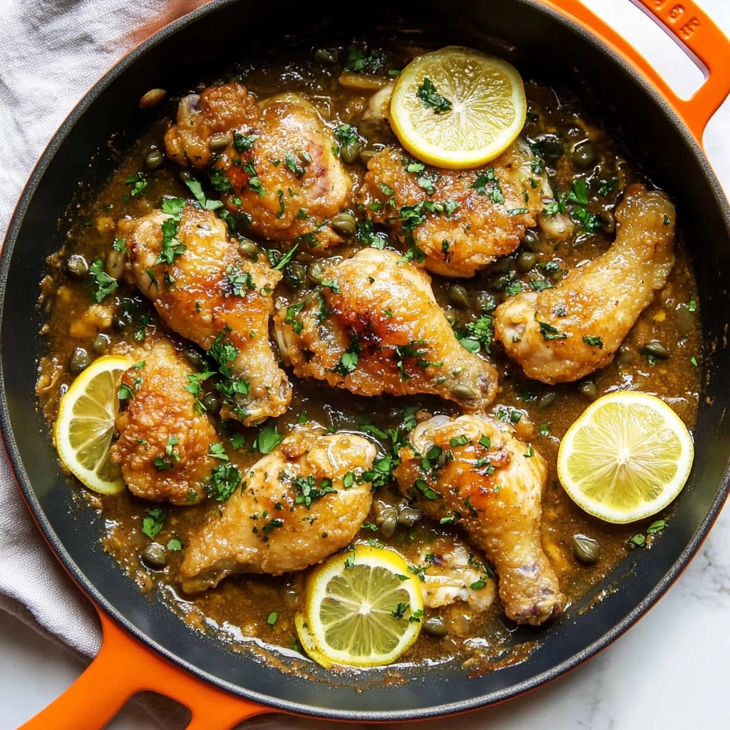 Easy Chicken Piccata Gluten-Free, Chicken Piccata recipe, gluten-free chicken dinner, quick chicken recipes, lemon chicken dinner A skillet filled with golden brown fried chicken pieces resting in a light brown sauce, garnished with bright green chopped herbs scattered over the top. Thin yellow lemon slices are placed on the chicken, adding pops of color and freshness. Small capers are visible in the sauce, which has a slightly glossy texture, pooling around the chicken. The skillet has orange handles, and it is placed on a white marbled surface with a light-colored cloth beneath.