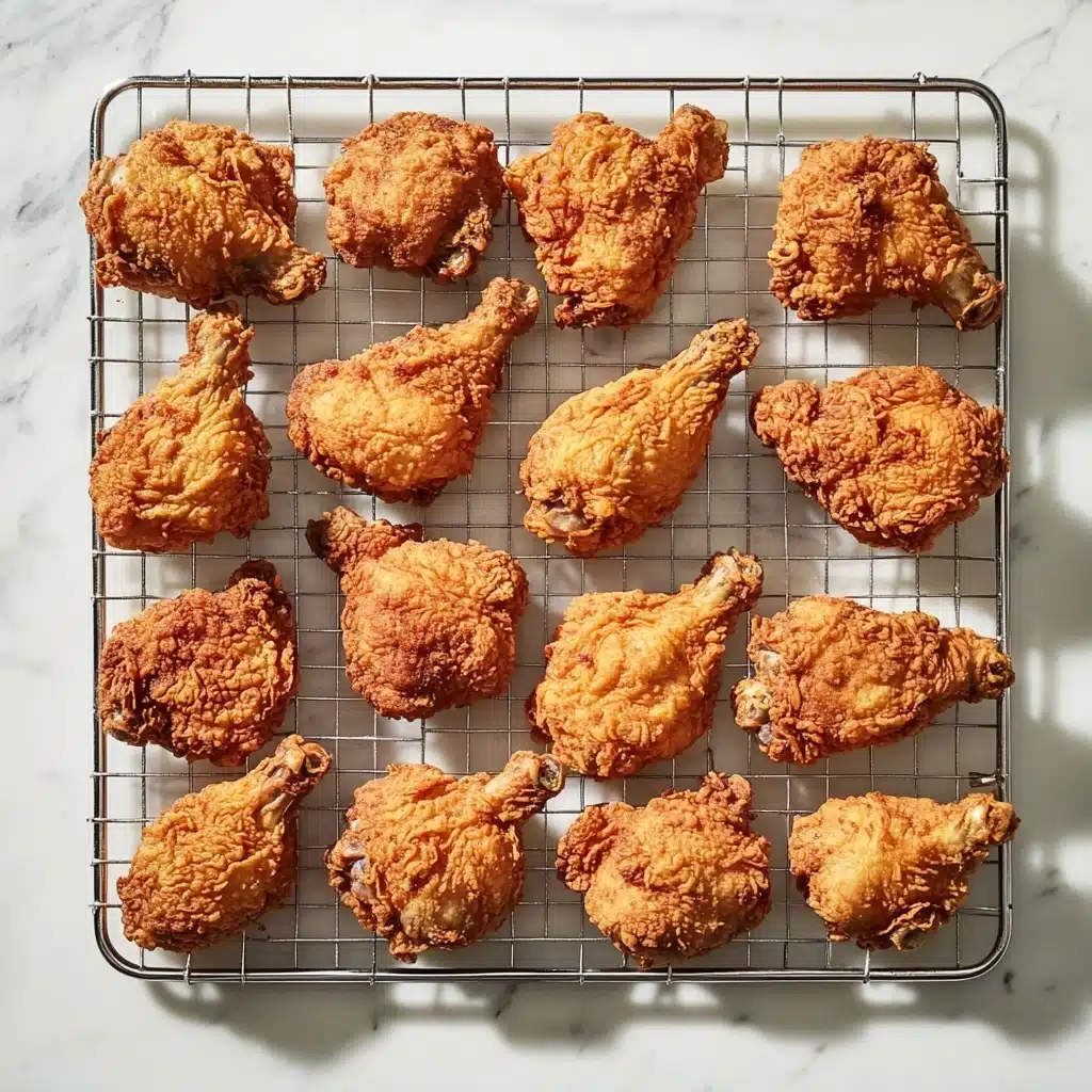 Buttermilk Fried Chicken, crispy fried chicken, Southern fried chicken, homemade fried chicken, best fried chicken recipe A metal cooling rack holds twelve pieces of golden-brown fried chicken, each piece showing a crispy, crunchy texture with uneven, crunchy edges and a rough surface. The chicken pieces vary in size and type, including drumsticks, wings, and thighs, all evenly spaced on the rack. The rack is placed on a white marbled surface, which contrasts softly with the warm, rich colors of the fried chicken. Light shadows below the rack emphasize the height and texture of the chicken pieces.