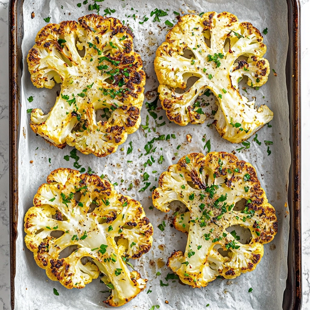 Cauliflower Steak, Roasted or Grilled Cauliflower, Vegetarian Dinner Ideas, Meatless Monday Recipes, Easy Cauliflower Recipes There are four thick slices of roasted cauliflower steaks arranged on a baking tray lined with white parchment paper. Each cauliflower steak has a golden brown and slightly crispy top layer with specks of dark roasted edges, and the inside layers show creamy white cauliflower florets. Green chopped herbs are sprinkled evenly over all four pieces, adding a fresh touch on top. The tray sits on a white marbled texture.