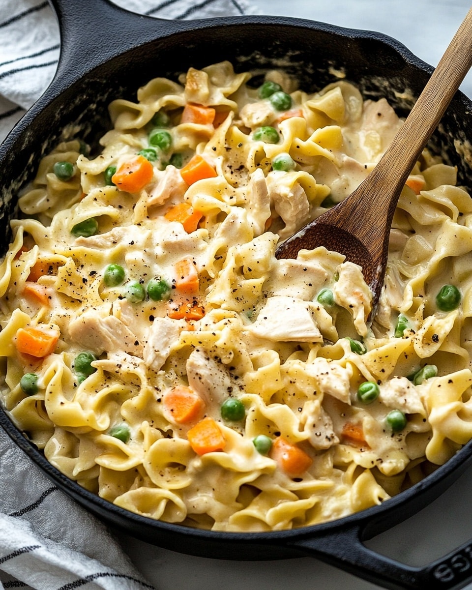 Chicken Pot Pie Noodle, chicken pot pie skillet, easy chicken noodle dinner, comforting chicken recipes, quick weeknight chicken A black cast iron pan filled with creamy chicken noodle casserole showing three layers: the bottom layer has wide, curled egg noodles in a pale yellow color, the middle layer is made of small, bright green peas and orange carrot cubes mixed evenly, and the top layer is coated with a thick, white creamy sauce with visible black pepper specks and chunks of cooked chicken in light beige. A wooden spoon is placed in the pan, slightly lifting the noodles and vegetables. The pan is sitting on a white marbled surface with a white and black striped cloth nearby.