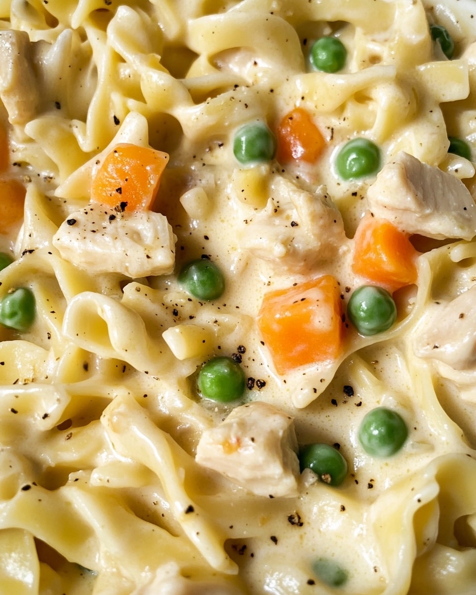 Chicken Pot Pie Noodle, chicken pot pie skillet, easy chicken noodle dinner, comforting chicken recipes, quick weeknight chicken A close-up of a creamy pasta dish served in a black cast iron skillet on a white marbled surface, showing wide, curly egg noodles mixed with bright green peas and small orange carrot cubes. The pasta is coated in a smooth, light cream sauce speckled with black pepper and herbs. Pieces of tender light-colored meat are visible, blending well with the sauce and vegetables. A silver spoon lifts a portion of the pasta, highlighting the mix of colors and textures against the skillet’s dark background with a woman's hand holding the skillet.