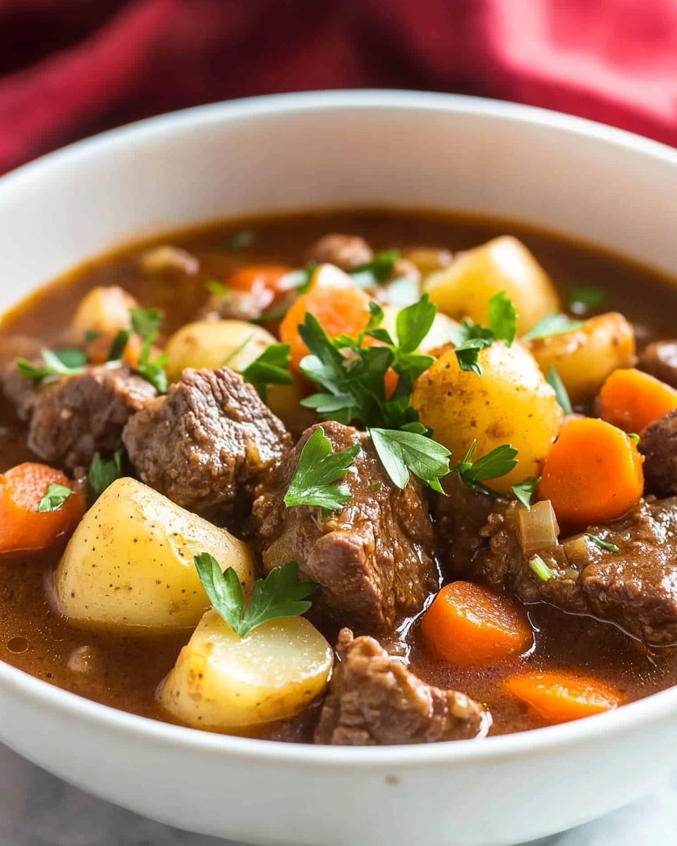 Instant Pot Beef Stew, hearty beef stew, easy instant pot recipes, quick dinner ideas, comforting beef stew A white bowl filled with a rich beef stew showing four main layers: chunks of tender brown beef, thick soft yellow potato pieces, diced orange carrots, all mixed in a thick brown broth, topped with fresh green parsley leaves scattered on top. The bowl sits on a white marbled surface with a red cloth blurred in the background. The stew looks warm and comforting with a variety of textures and colors that stand out clearly.
