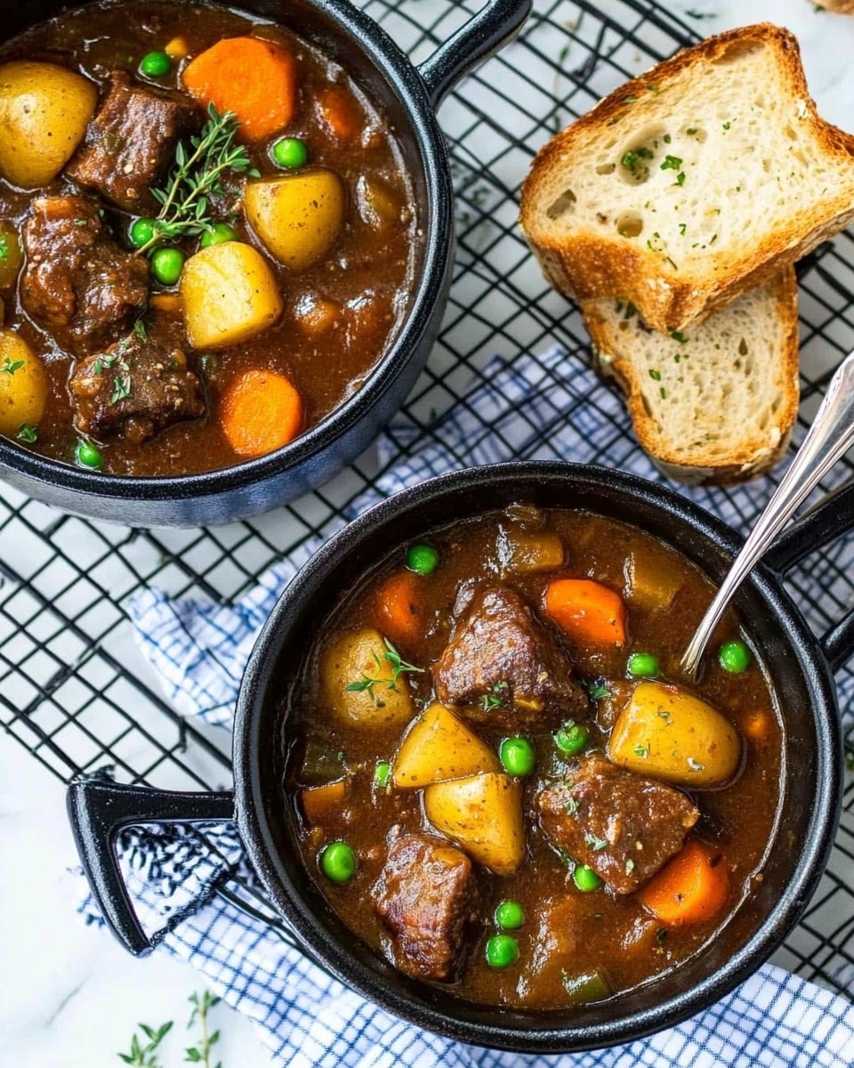 Instant Pot Beef Stew, hearty beef stew, easy instant pot recipes, quick dinner ideas, comforting beef stew Two black cast iron pots sit on a black wire rack over a white marbled surface with a blue and white checkered cloth nearby. Each pot holds a rich brown stew with visible chunks of tender dark brown meat, bright orange carrot pieces, golden potato cubes, and small green peas scattered throughout. Fresh green thyme leaves are sprinkled on top. A silver spoon rests inside the nearer pot. There are two pieces of golden toasted bread with herb sprinkles placed on the rack next to the pots, and small torn pieces of bread are scattered around.