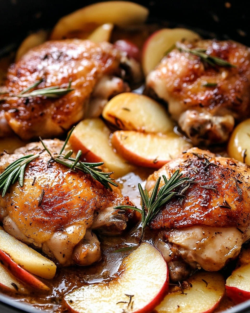 Apple Cider Chicken with Seared Thighs and Caramelized Onion Glaze, apple cider chicken, easy chicken dinner, fall-inspired chicken, savory chicken thigh recipe A white round plate with ridged edges holds a visually inviting dish consisting of two browned chicken thighs, one whole and one partially sliced, positioned near the left and bottom center; the chicken is seasoned and topped with glossy, thick golden sauce and red apple slices. Below and around the chicken are several soft cooked apple slices in a warm yellow-orange color. On the top right quarter of the plate, there is a neat pile of bright, fresh green beans with a smooth texture, contrasting with the warm colors. A wooden-handled fork with metal prongs is placed on the bottom left side of the plate with a piece of sliced chicken on it. The whole setup rests on a white marbled surface with a floral cloth napkin partially visible in the background.