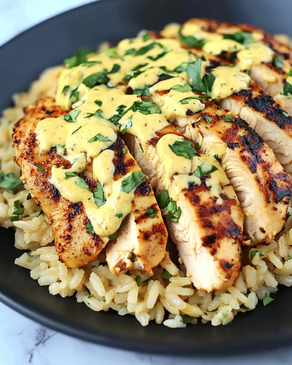 Mexican Chicken with Cheese Sauce, Mexican Chicken, Cheese Sauce Recipe, Easy Mexican Chicken Dinner, Flavorful Chicken with Cheese Sauce A black plate holds a bed of fluffy, light brown rice as the base layer, with visible small bits of herbs mixed in. On top, there are several slices of golden-brown grilled chicken arranged in a neat row, showing a crispy texture with dark grill marks. A creamy, pale yellow sauce is drizzled over the chicken and rice, and small pieces of green herbs are sprinkled on top, adding color contrast. The dish is set on a white marbled surface.