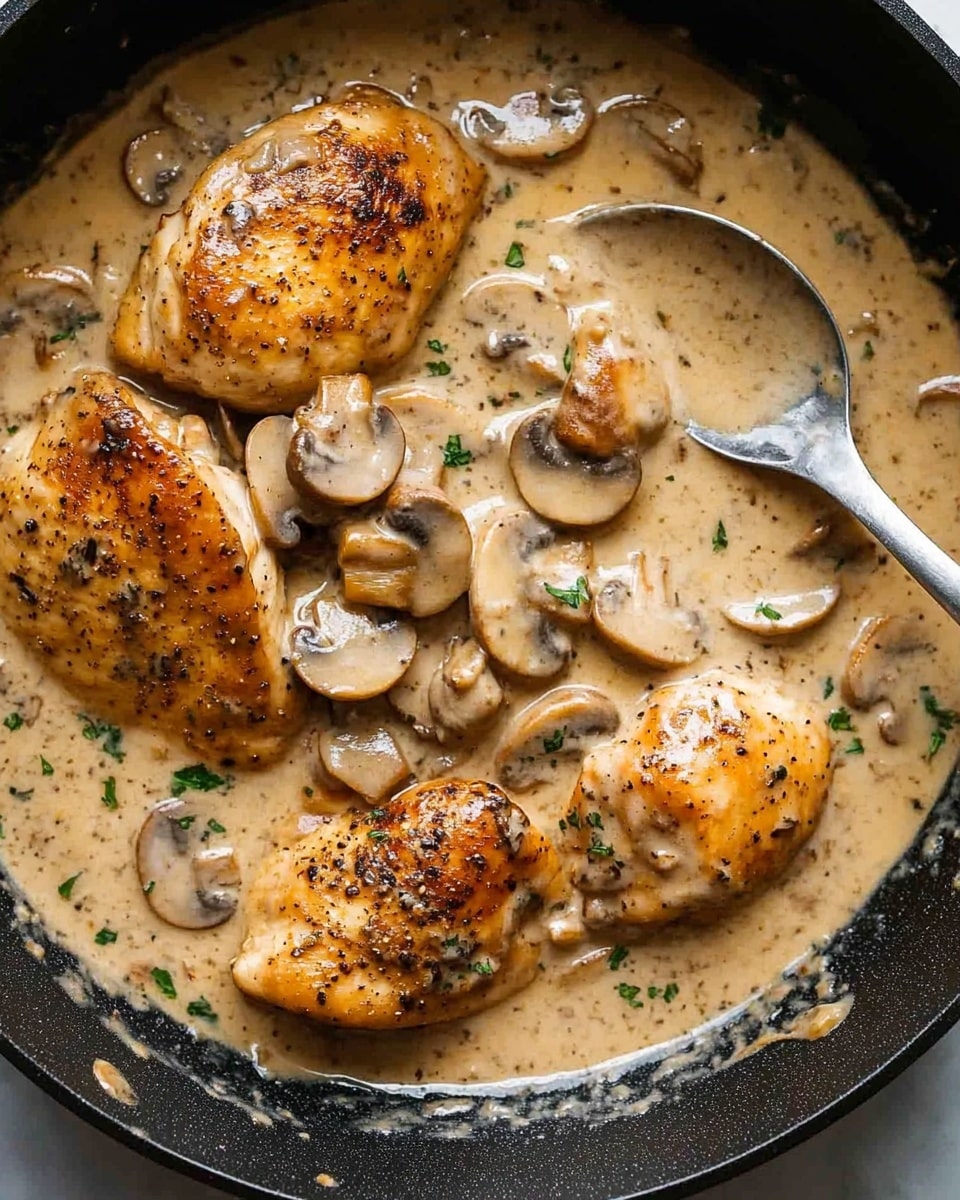 Chicken Stroganoff, creamy chicken mushroom skillet, easy chicken dinner, comforting chicken recipes, quick weeknight chicken dinner The image shows a black skillet filled with creamy mushroom sauce covering browned chicken pieces. The sauce is light brown with visible bits of black pepper, and there are many sliced white mushrooms mixed throughout. Three browned chicken pieces are mostly covered but still visible, sprinkled with small green herb bits on top. A silver spoon rests on the right side of the skillet, partially dipped into the sauce. The background is a white marbled texture.