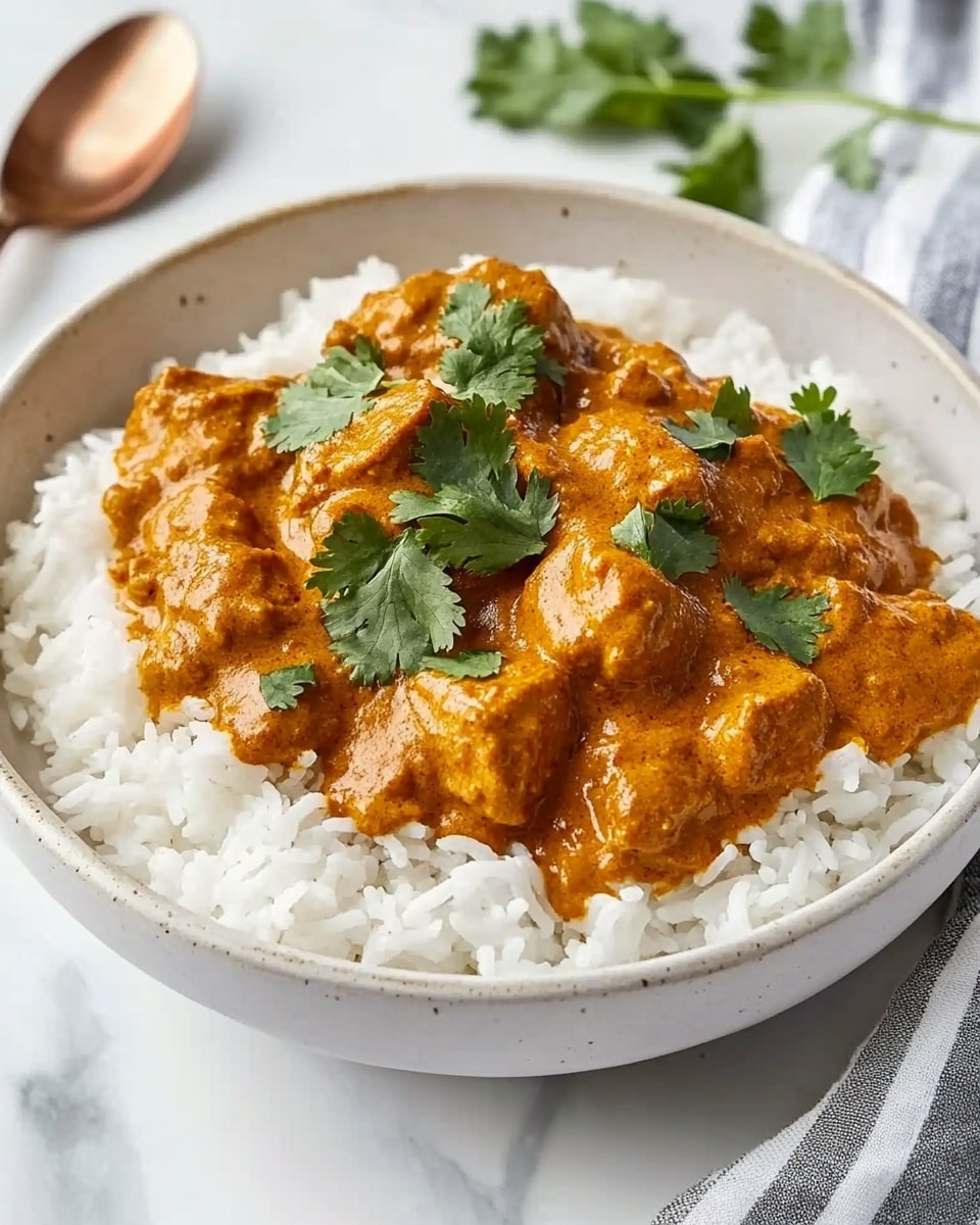 Homemade Chicken Curry, Chicken Curry Recipe, Easy Chicken Curry, Comforting Chicken Curry, Coconut Chicken Curry A black pan filled with bright orange curry sauce, thick and creamy in texture, with chunks of meat immersed throughout. On top of the curry, there are swirls of white cream, adding contrast and a smooth touch. Green cilantro leaves are placed on the surface, giving a fresh look. A spoon with a white and silver handle rests inside the pan at the right side. The pan sits on a dark gray cloth over a white marbled surface.