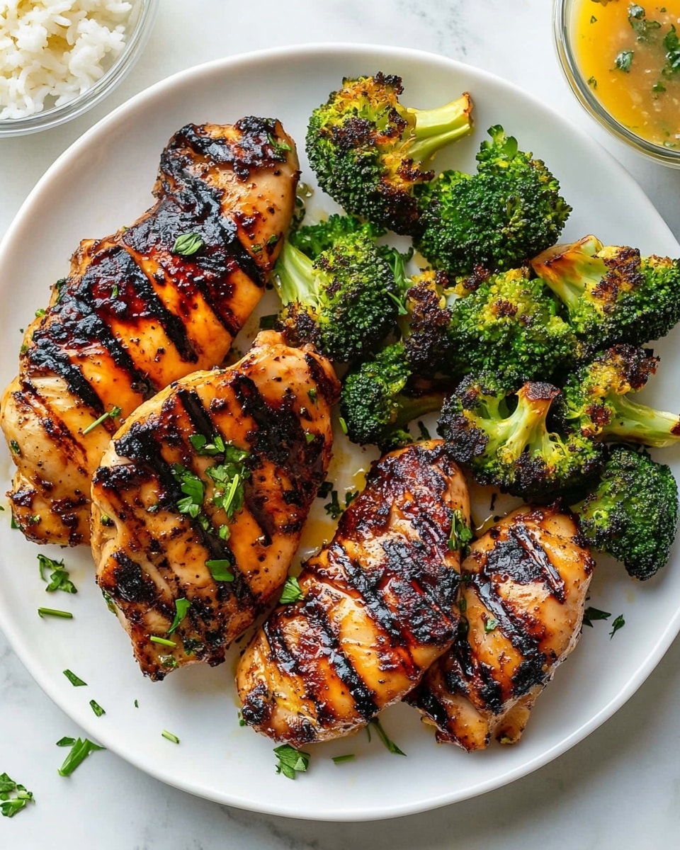 Grilled Honey Mustard Chicken and Broccoli, honey mustard chicken, grilled chicken thighs, healthy grilled chicken recipes, easy broccoli side dishes A white plate holds a colorful meal with two main parts. On one side, there are six thick slices of golden-brown meat with a shiny glaze, speckled with black pepper and small mustard seeds, topped lightly with chopped green herbs. On the other side, a mix of vegetables sits closely packed: bright green broccoli florets, roasted yellow potato chunks, orange carrot pieces, green asparagus stalks, and a piece of purple-red onion. The plate rests on a white marbled surface, and a silver fork is partly visible on the right side of the plate.