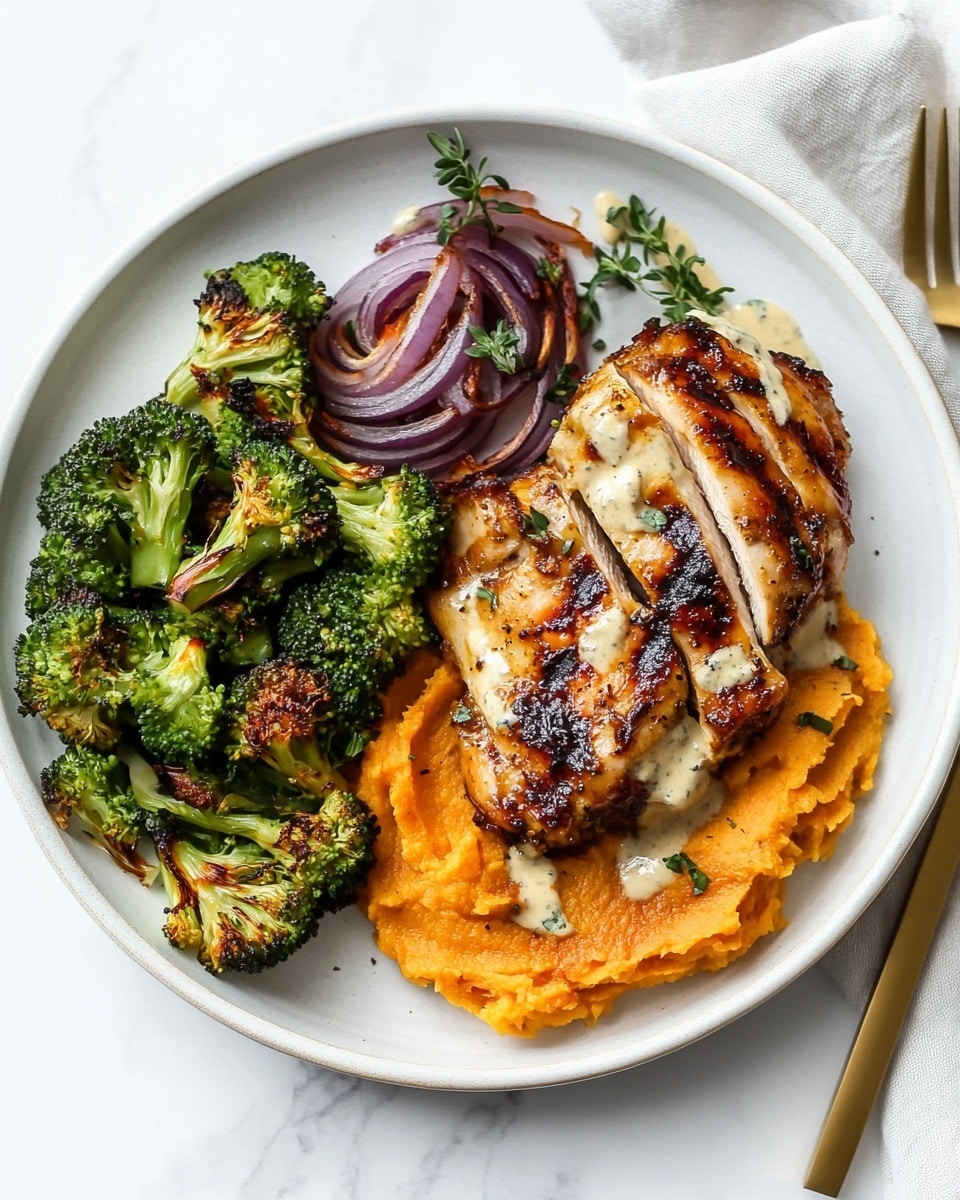 Grilled Honey Mustard Chicken and Broccoli, honey mustard chicken, grilled chicken thighs, healthy grilled chicken recipes, easy broccoli side dishes A white plate sits on a white marbled surface with a light cloth beneath it, holding three main layers of food; the first layer on the left side consists of roasted green broccoli florets mixed with purple onion slices, showing slight charring for a crispy texture; the middle layer has a smooth, bright orange mashed vegetable, likely sweet potato, with a light creamy sauce drizzled on top; the right layer features a grilled piece of seasoned chicken with a golden brown color, lightly charred edges, topped with a creamy sauce and small green herb leaves scattered over; a gold fork and knife rest on the plate’s edge on the right side.