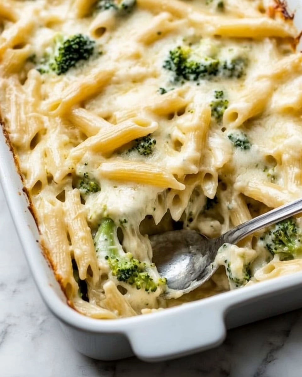 Chicken and Broccoli Alfredo Bake, Chicken Alfredo Bake, Cheesy Chicken and Broccoli Casserole, Creamy Chicken Pasta Bake, Easy Chicken and Broccoli Dinner The image shows a white rectangular baking dish filled with a creamy pasta bake. The top layer is a thick, melted white cheese with a smooth and slightly bubbly texture. Underneath, there is a mix of pale yellow penne pasta and green broccoli pieces spread evenly. A silver spoon is scooping some of the pasta from the bottom left corner, revealing more pasta and broccoli covered in the creamy sauce. The dish is placed on a white marbled surface.