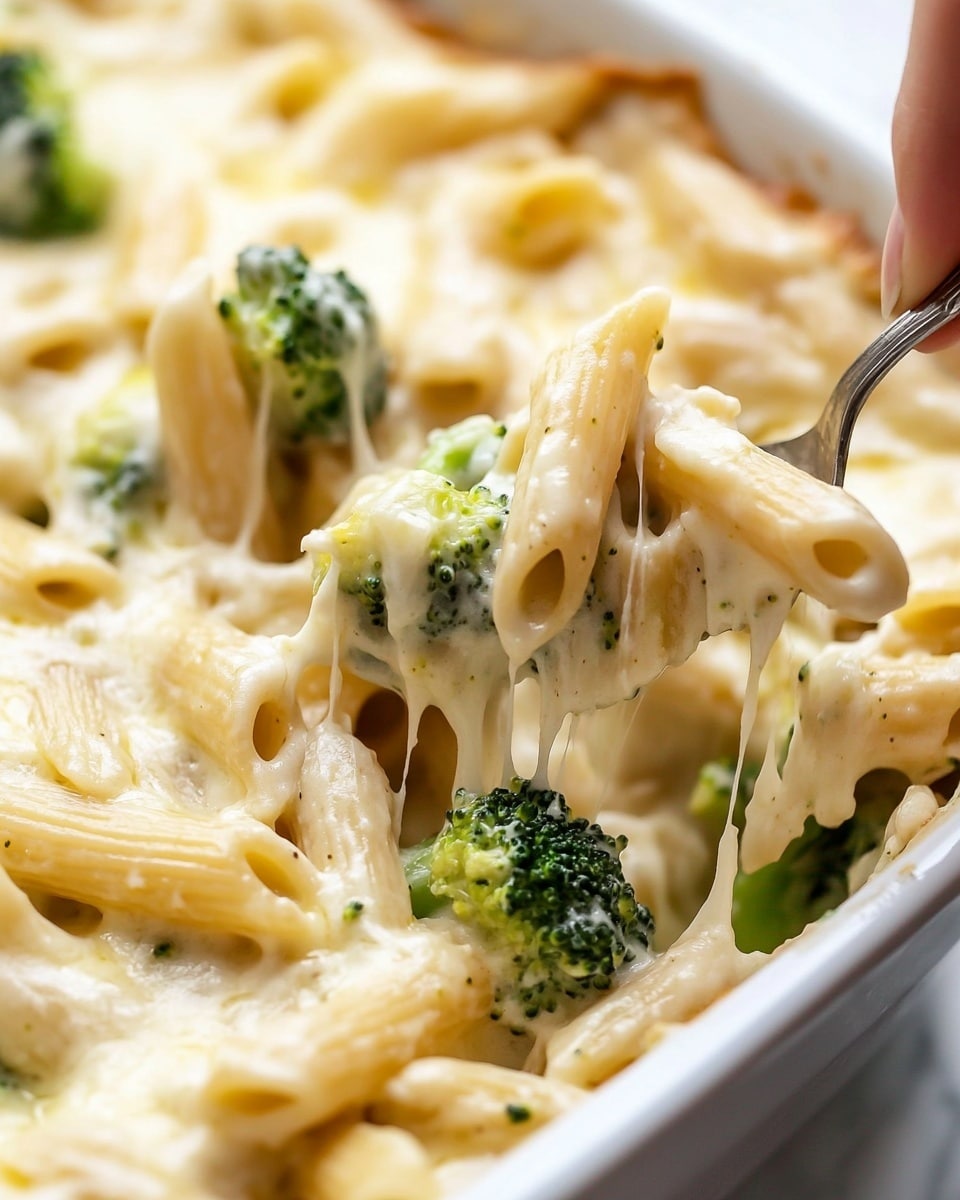Chicken and Broccoli Alfredo Bake, Chicken Alfredo Bake, Cheesy Chicken and Broccoli Casserole, Creamy Chicken Pasta Bake, Easy Chicken and Broccoli Dinner A white bowl filled with creamy pasta and broccoli sits on a white marbled surface. The dish has three main layers: at the bottom, light golden pasta pieces with a smooth texture; on top, bright green broccoli pieces that look soft but still firm; and a creamy white sauce that spreads evenly over the pasta and broccoli, with small specks of black pepper sprinkled across. The sauce looks rich and slightly shiny.