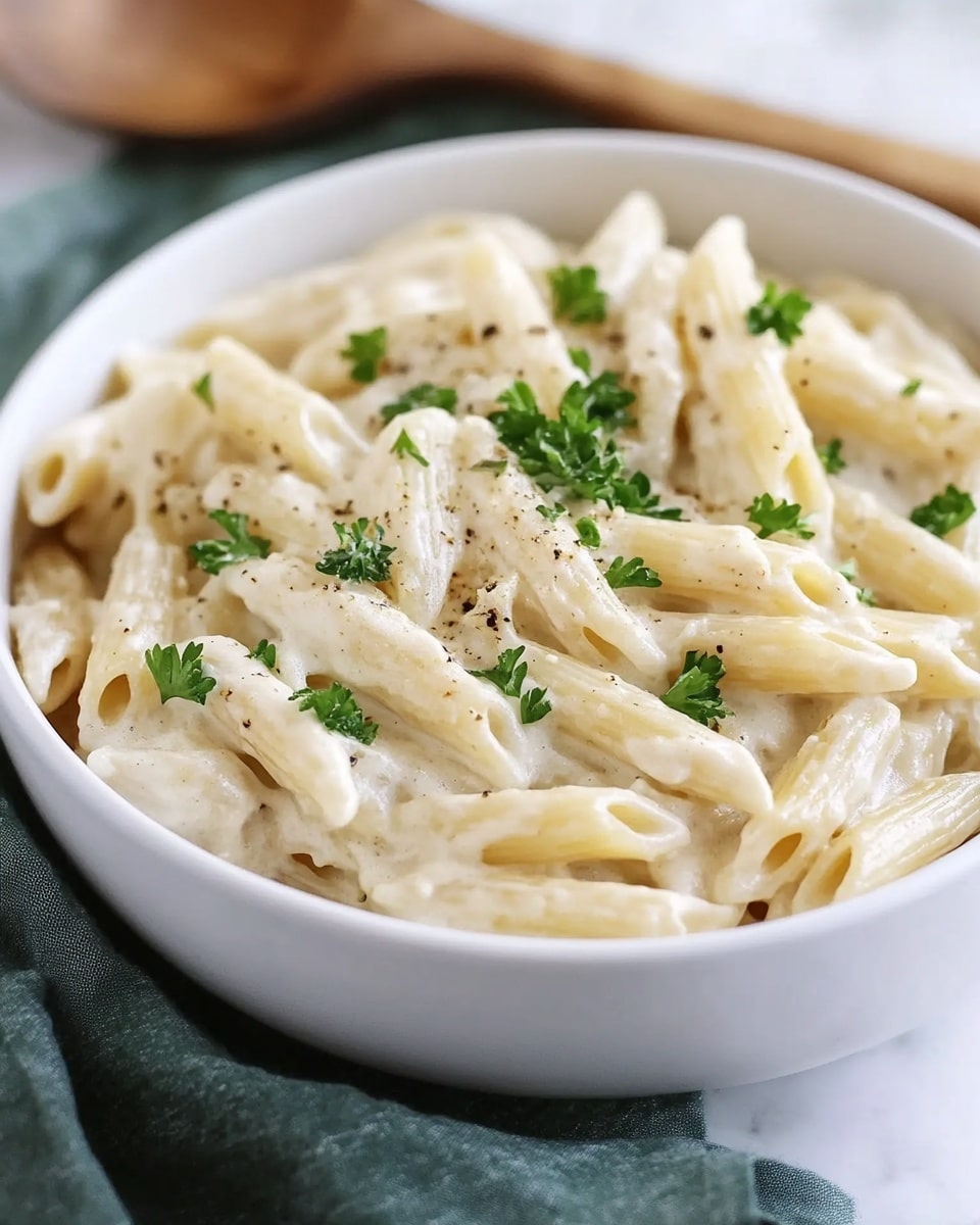 White Sauce Penne Pasta, creamy penne pasta, cheesy pasta dinner, simple pasta recipes, comfort food pasta A close-up view of a creamy pasta dish in a white bowl, showing many pieces of penne pasta coated in a thick, smooth white sauce. The sauce looks rich and creamy, covering each pasta piece fully. Small, fresh green parsley leaves are scattered on top evenly, adding a bright contrast to the white sauce. A light sprinkle of black pepper is visible across the dish, offering tiny dark specks on the creamy surface. The background is a white marbled texture.