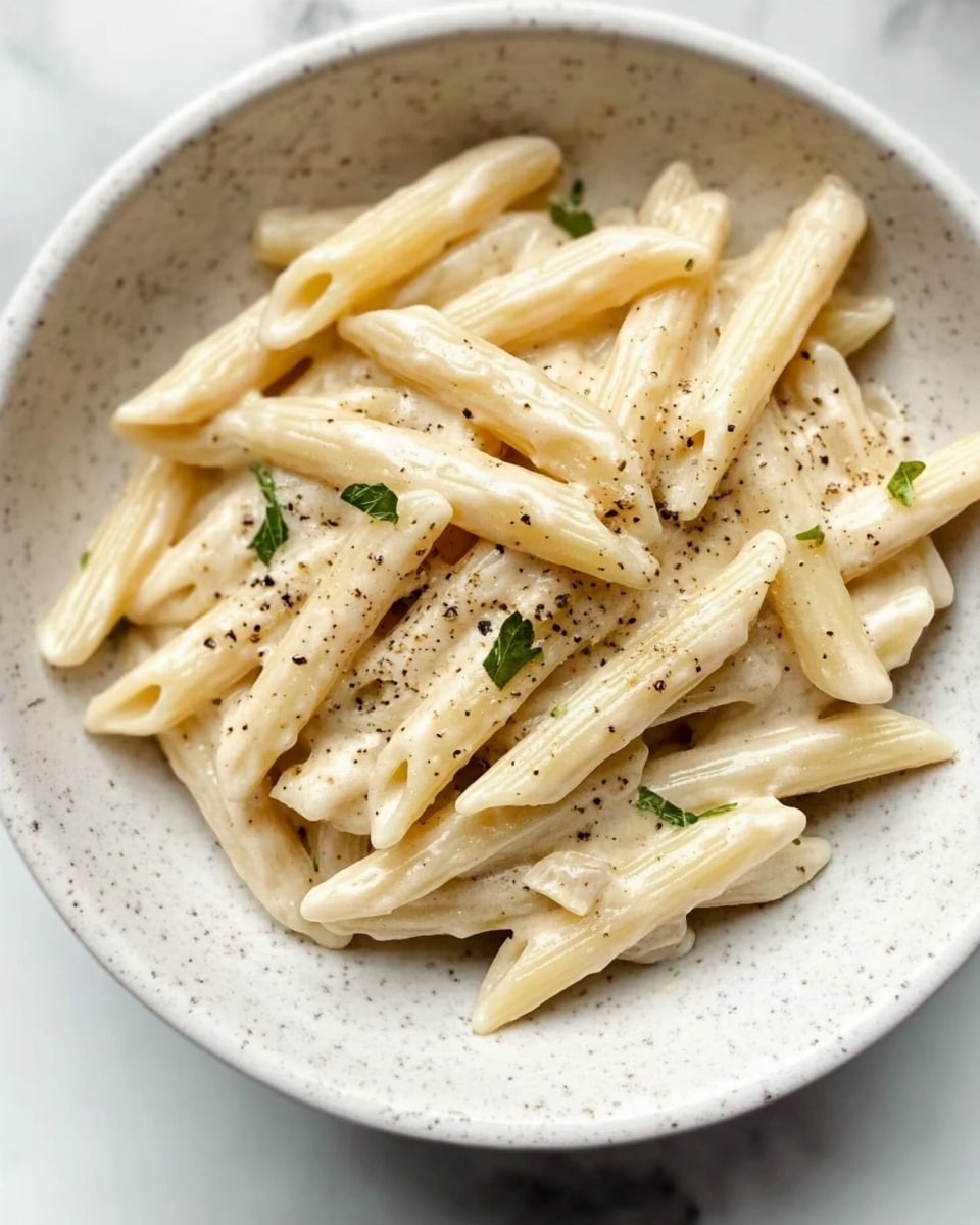 White Sauce Penne Pasta, creamy penne pasta, cheesy pasta dinner, simple pasta recipes, comfort food pasta A white bowl filled with creamy penne pasta fully coated with a smooth, light beige sauce, sprinkled lightly with black pepper and small green herb bits for garnish. The pasta pieces are arranged loosely, covering the bottom and mid layers of the bowl, resting on a white marbled surface.