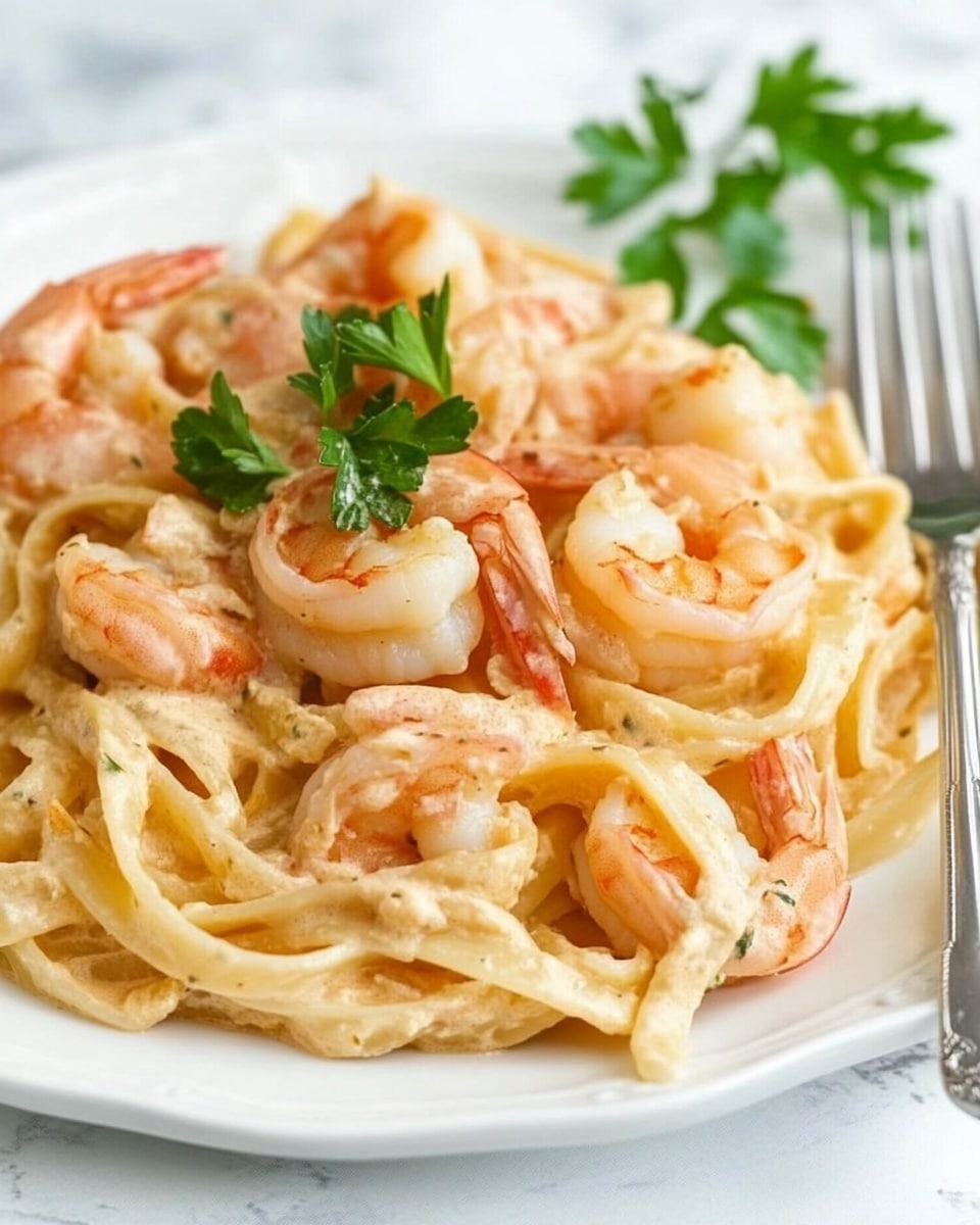 Shrimp Fettuccine Alfredo, creamy seafood pasta, easy shrimp pasta, quick weeknight dinner, homemade Alfredo sauce A white plate holds a serving of fettuccine pasta covered in a creamy white sauce. On top of the pasta are several cooked shrimp with a light pink and orange color. Small green parsley leaves are scattered on the shrimp and pasta, adding contrast. A silver fork rests on the right side of the plate. The plate is placed on a white marbled surface.