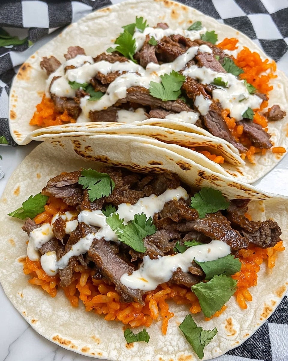 Cheesy Steak & Cilantro Lime Rice Wraps, steak wraps with lime rice, beef and rice burritos, quick and easy steak wraps, flavorful dinner wraps Two soft white tortillas are placed on a white marbled surface with a black and white checkered cloth underneath. Each tortilla has a base layer of orange-colored rice, topped with a layer of cooked, slightly brown beef strips. Fresh green cilantro leaves are scattered on top, along with white sauce drizzles and some reddish-brown sauce on one of the tortillas. One tortilla is folded partly over the filling, while the other is open, showing all its layers clearly.