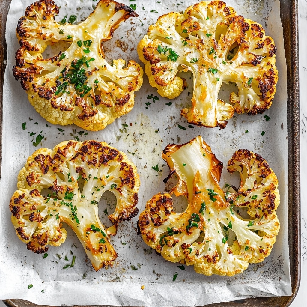 Cauliflower Steak, Roasted Cauliflower Steak, Grilled Cauliflower Steak, Vegetarian Main Dish, Healthy Side Dish A large roasted cauliflower steak sits flat on a piece of parchment paper, showing its open, tree-like shape. The thick cauliflower slice has a golden yellow top layer from spices, with crispy and browned edges. Green herbs are scattered across the top for a fresh look and a sprinkle of seasoning is visible on the white marbled texture background.