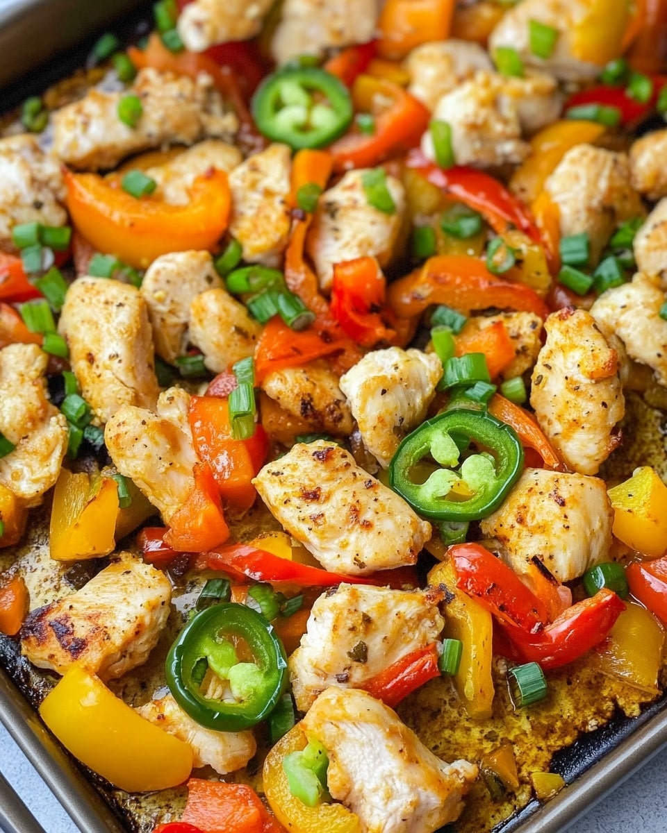 Sweet Chili Chicken Delight, sweet chili chicken, baked chicken with sweet chili sauce, easy chicken dinner, quick weeknight chicken meal The image shows a baking tray filled with several pieces of light golden cooked chicken chunks scattered among thin slices of bright red and yellow bell peppers. Small slices of green jalapeño are mixed in with the other ingredients. The dish is garnished with chopped green onions that add a fresh green touch over the top. The chicken pieces have a slightly browned, soft texture, and the peppers look tender but still vibrant with color. The baking tray has a slightly textured metal surface, and the scene is close-up, focusing on the mix of colors and textures.