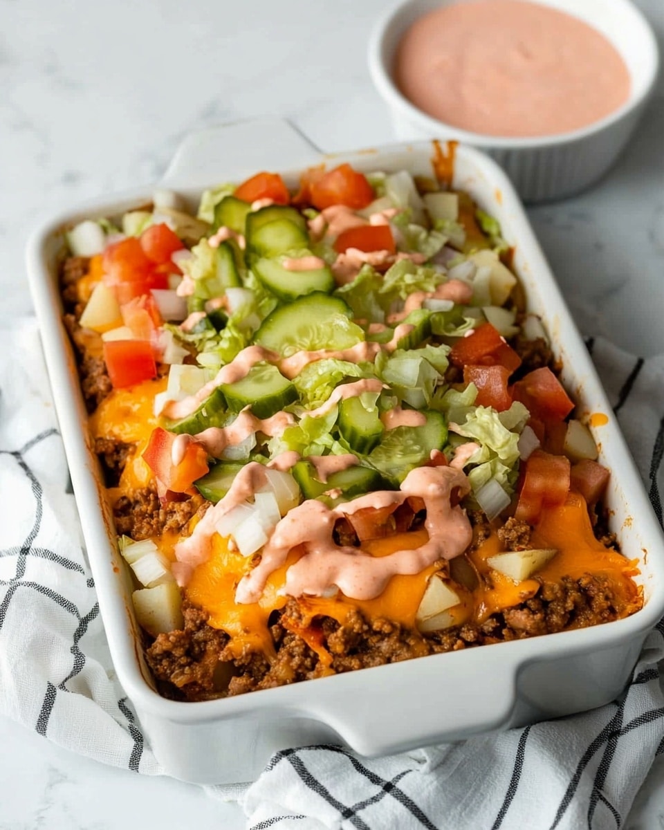Big Mac Casserole, cheeseburger casserole recipe, easy burger casserole, quick dinner ideas, family-friendly casserole The dish is served in a white rectangular baking dish with handles, placed on a white marbled surface partially covered by a white cloth with black stripes. The bottom layer consists of browned cooked ground meat mixed with small potato chunks, topped with melted orange cheddar cheese. On top of this base, there is a layer of light pink sauce drizzled unevenly. Fresh, shredded green lettuce is scattered over the sauce, followed by small cubed red tomatoes and finely chopped white onions. Several thick green pickle slices are placed on top near the center. In the background, a small white bowl holds extra light pink sauce. The