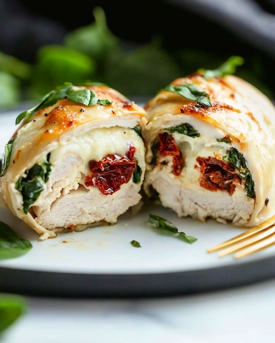 Spinach and Sun-Dried Tomato Stuffed Chicken Breast, stuffed chicken breast recipes, cheesy chicken breast with sun-dried tomatoes, easy stuffed chicken ideas, healthy chicken dinner recipes A close-up of a white chicken roll cut in half on a white plate, layered with melted white cheese, dark green spinach leaves, and small pieces of red sun-dried tomatoes, showing the soft, cooked chicken on the outside with a slight golden brown crust, garnished with small green herbs on top, with some spinach leaves blurred in the background on a white marbled surface, and a golden fork resting near the chicken roll;