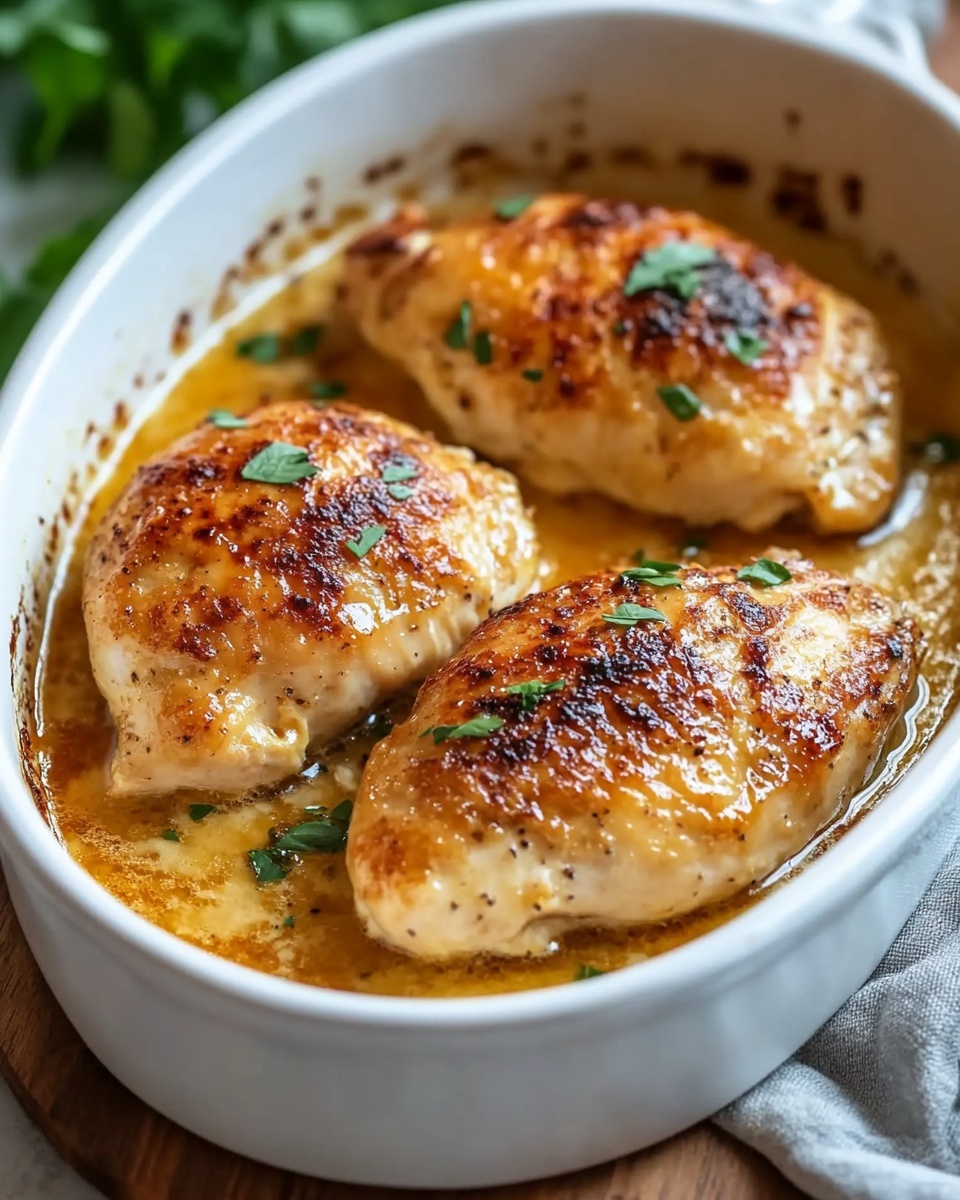 Melt In Your Mouth Chicken Breast, tender chicken breast recipe, cheesy baked chicken, easy chicken dinner, juicy chicken breast A white oval dish holds three golden brown baked chicken pieces arranged in a row, each with a slightly crispy surface and small green herb sprinkles on top. The chicken sits in a light brown creamy sauce that covers the bottom of the dish, with some sauce splashes on the side edges. The dish is placed on a wooden board, and some blurred green leaves and a gray cloth can be seen in the background over a white marbled surface.